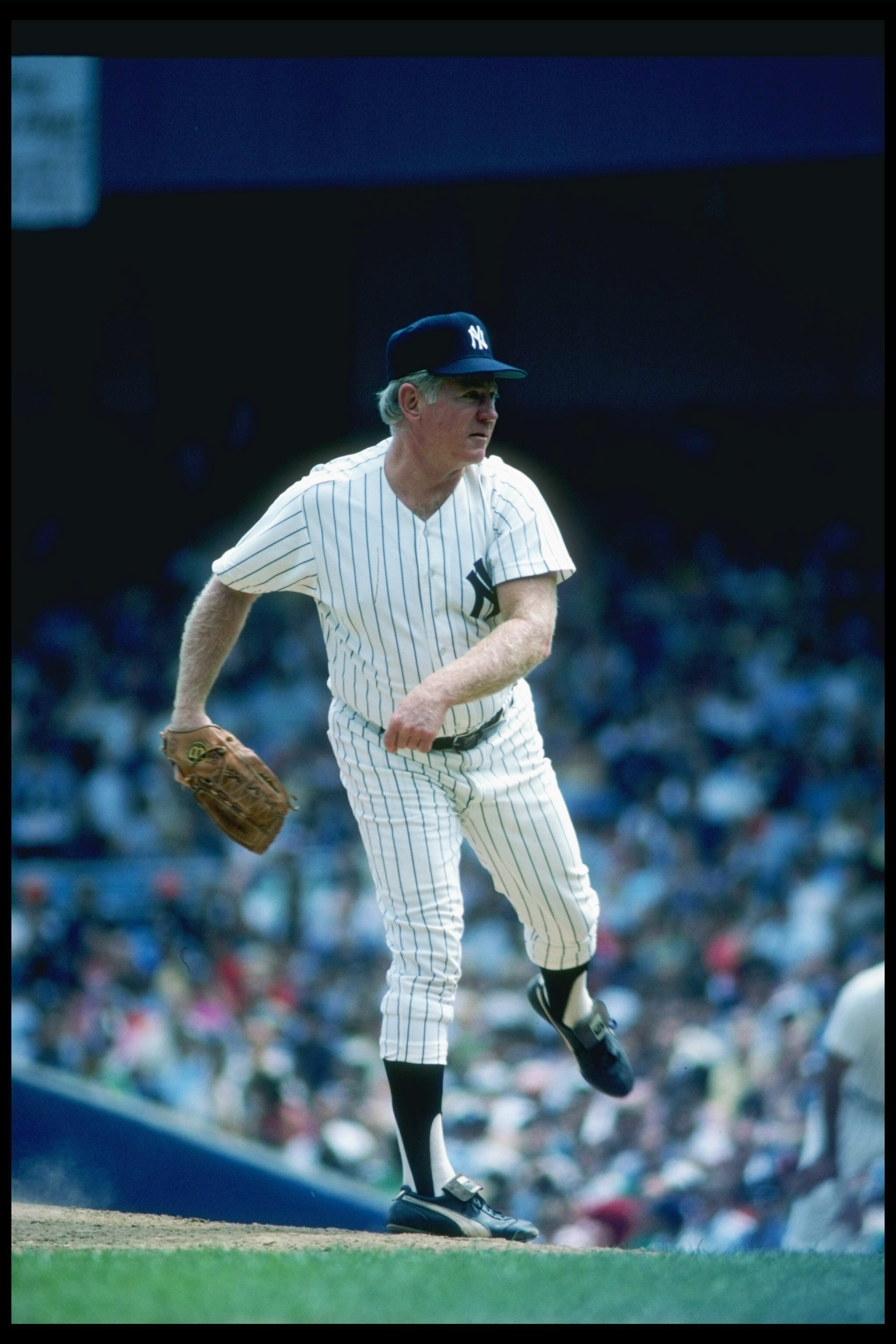 Aug 1982:  Pitcher Whitey Ford of the New York Yankees throws a pitch during a game at Yankee Stadium in Bronx, New York. Mandatory Credit: T. G. Higgins  /Allsport