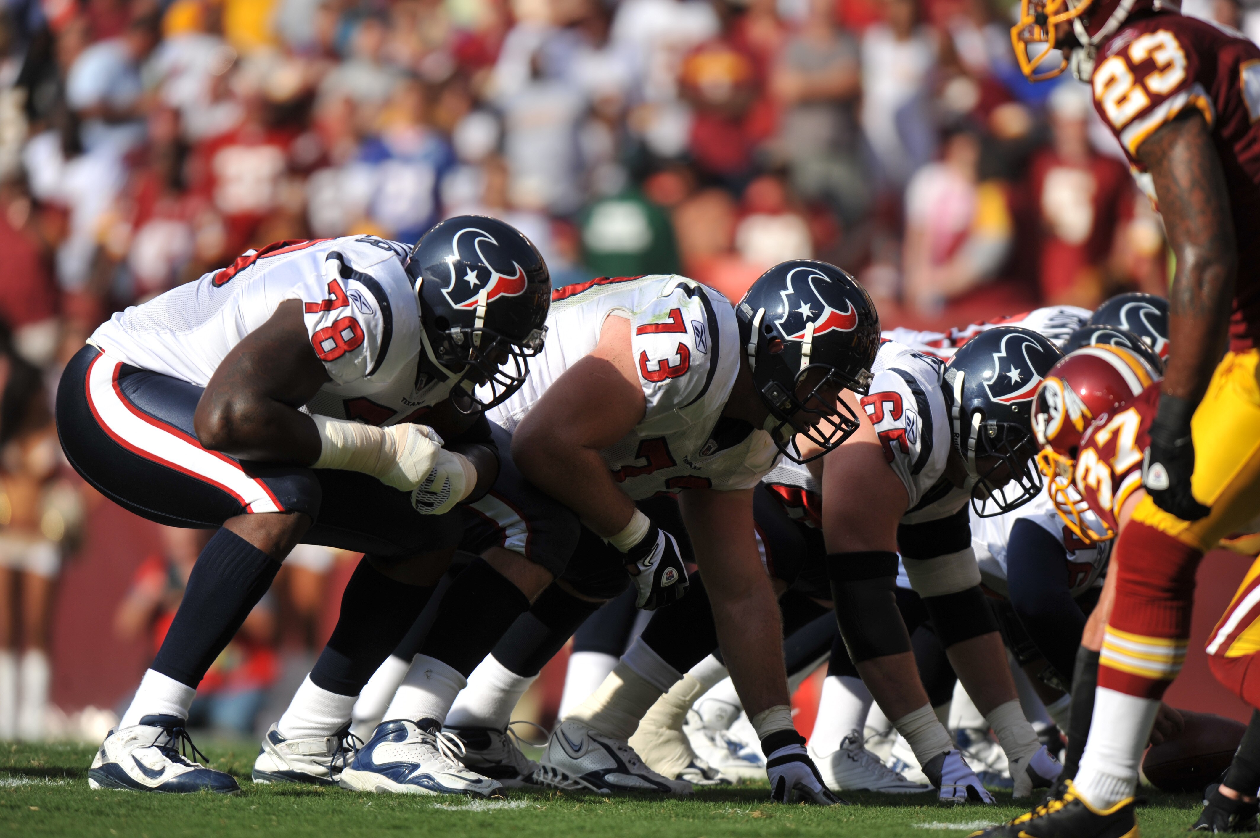 LANDOVER, MD - SEPTEMBER 19:  Eric Winston #73 of the Houston Texans defends against the Washington Redskins at FedExField on September 19, 2010 in Landover, Maryland. The Texans defeated the Redskins in overtime 30-27. (Photo by Larry French/Getty Images