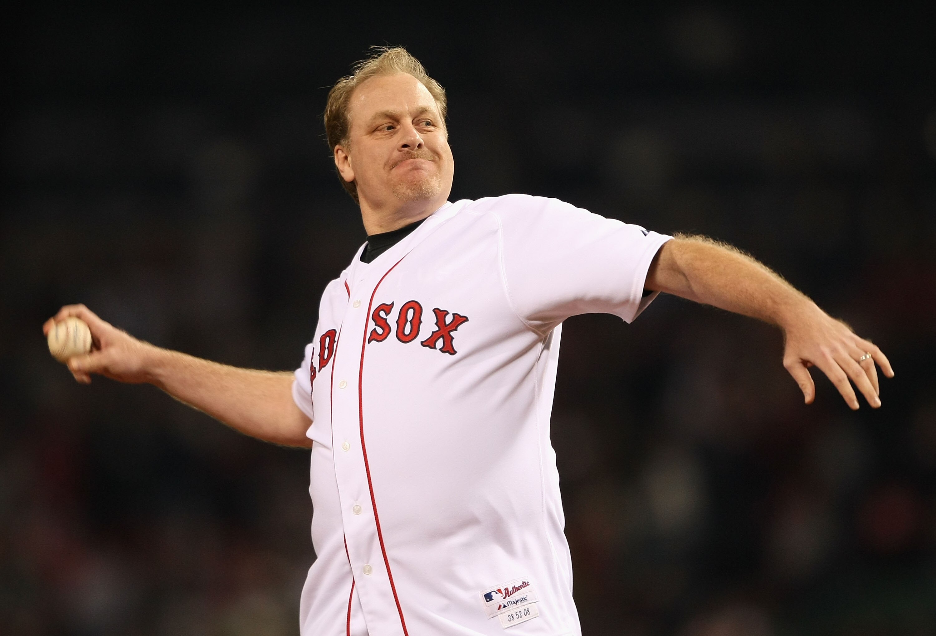 BOSTON - OCTOBER 16:  Curt Schilling of the Boston Red Sox throws out the first pitch of game five of the American League Championship Series against the Tampa Bay Rays during the 2008 MLB playoffs at Fenway Park on October 16, 2008 in Boston, Massachuset