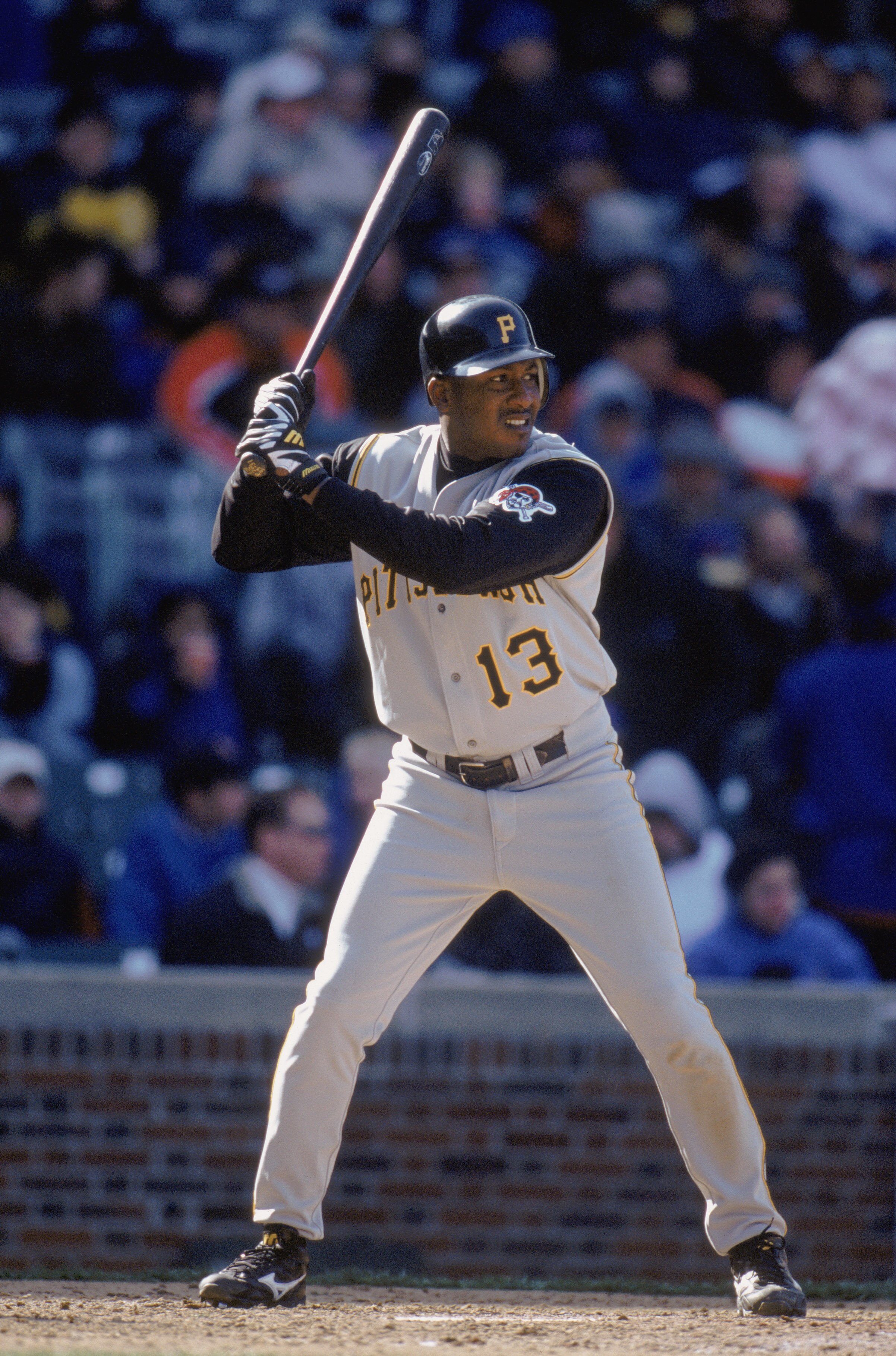 CHICAGO - APRIL 6:  Center fielder Adrian Brown #13 of the Pittsburgh Pirates prepares to swing, during the MLB game against the Chicago Cubs at Wrigley Field in Chicago, Illinois on April 15, 2002. The Pirates won, 6-1. \ (Photo by Jonathan Daniel/Getty