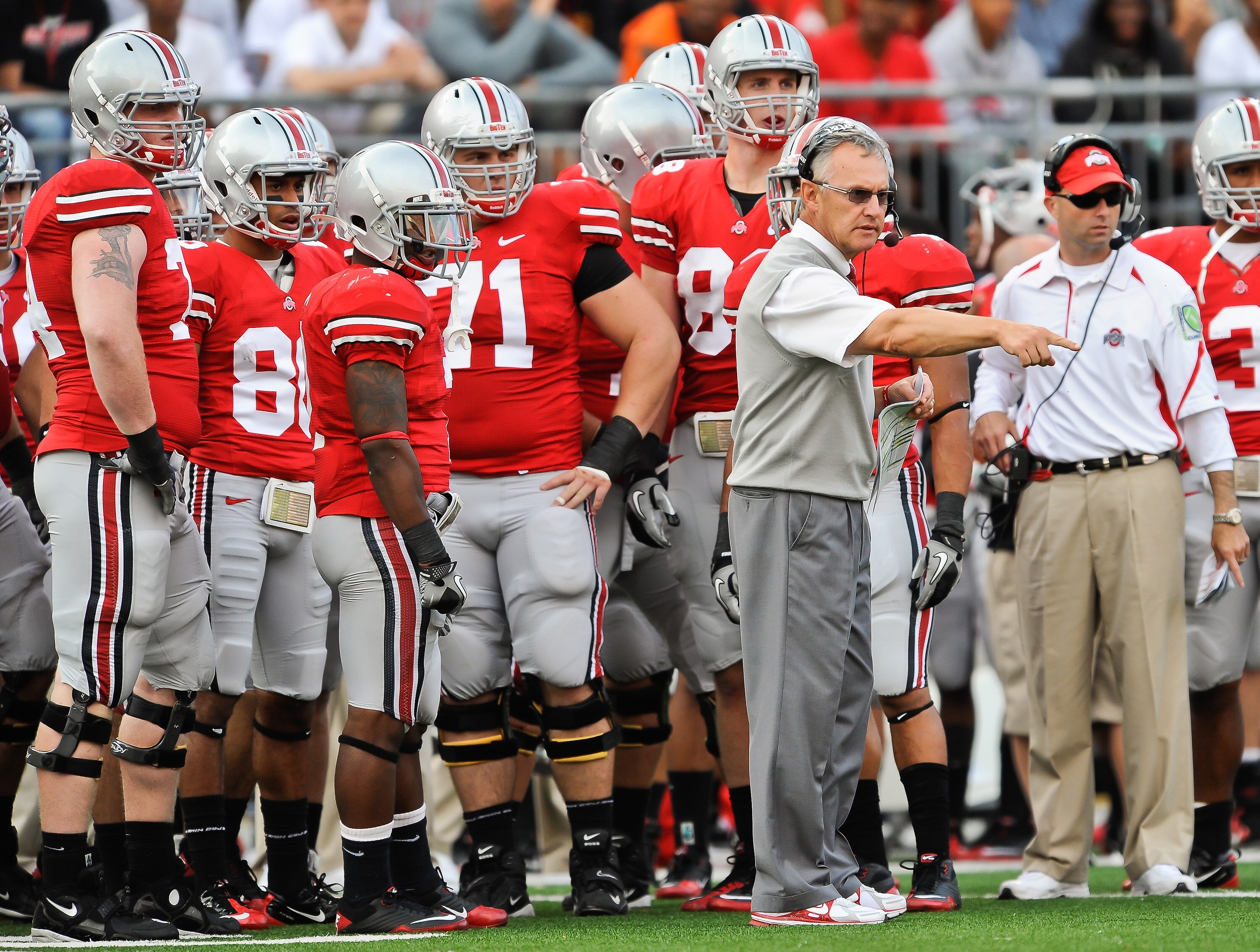 COLUMBUS, OH - SEPTEMBER 25: Head Coach Jim Tressel of the Ohio State Buckeyes directs his team during a game against the Eastern Michigan Eagles at Ohio Stadium on September 25, 2010 in Columbus, Ohio. Ohio State won 73-20. (Photo by Jamie Sabau/Getty COLUMBUS, OH - SEPTEMBER 25: Head Coach Jim Tressel of the Ohio State Buckeyes directs his team during a game against the Eastern Michigan Eagles at Ohio Stadium on September 25, 2010 in Columbus, Ohio. Ohio State won 73-20. (Photo by Jamie Sabau/Getty