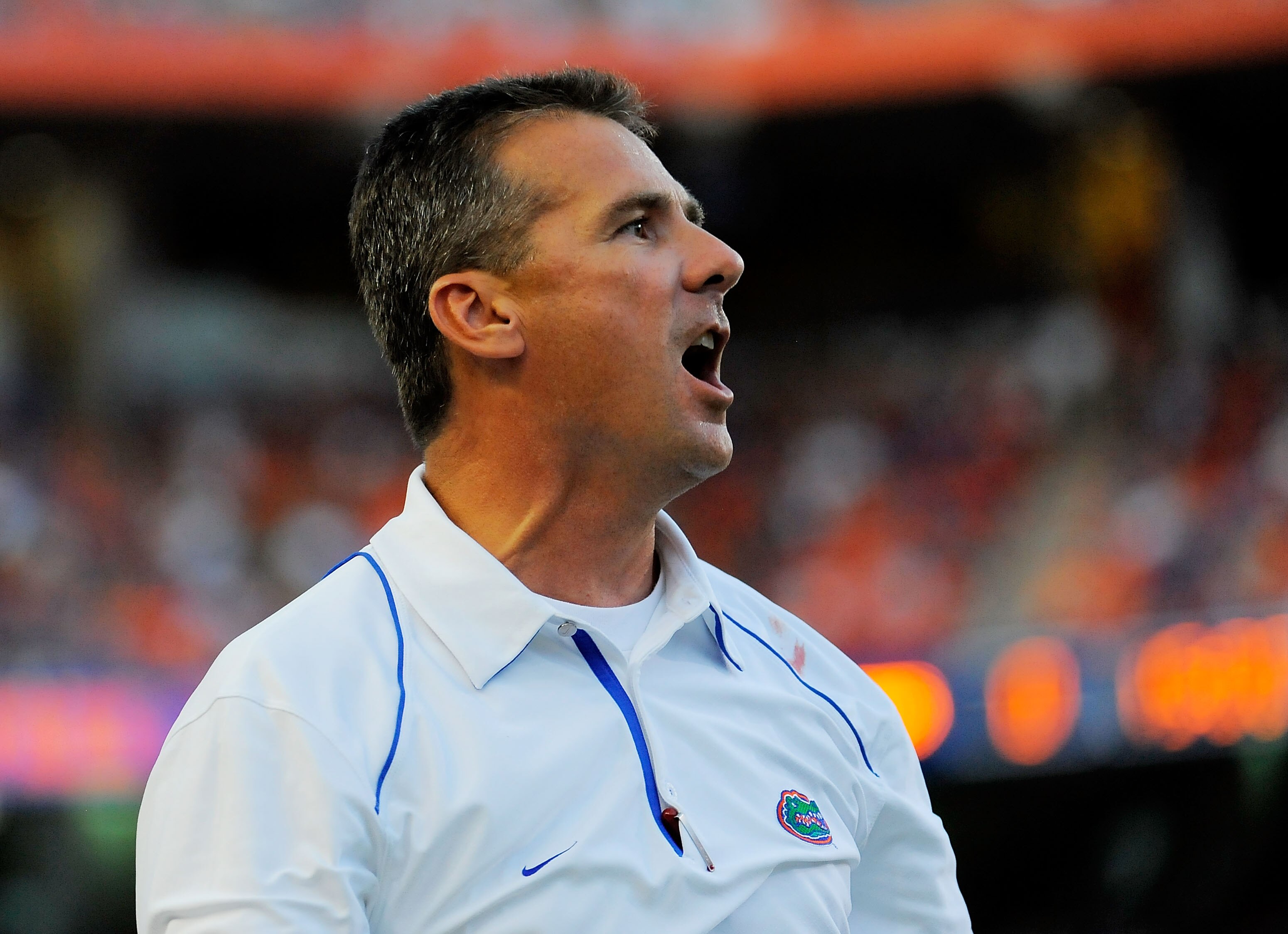GAINESVILLE, FL - SEPTEMBER 25:  Head coach Urban Meyer of the Florida Gators directs his team while taking on the Kentucky Wildcats at Ben Hill Griffin Stadium on September 25, 2010 in Gainesville, Florida. Florida defeated Kentucky 48-14 for Meyer's 100