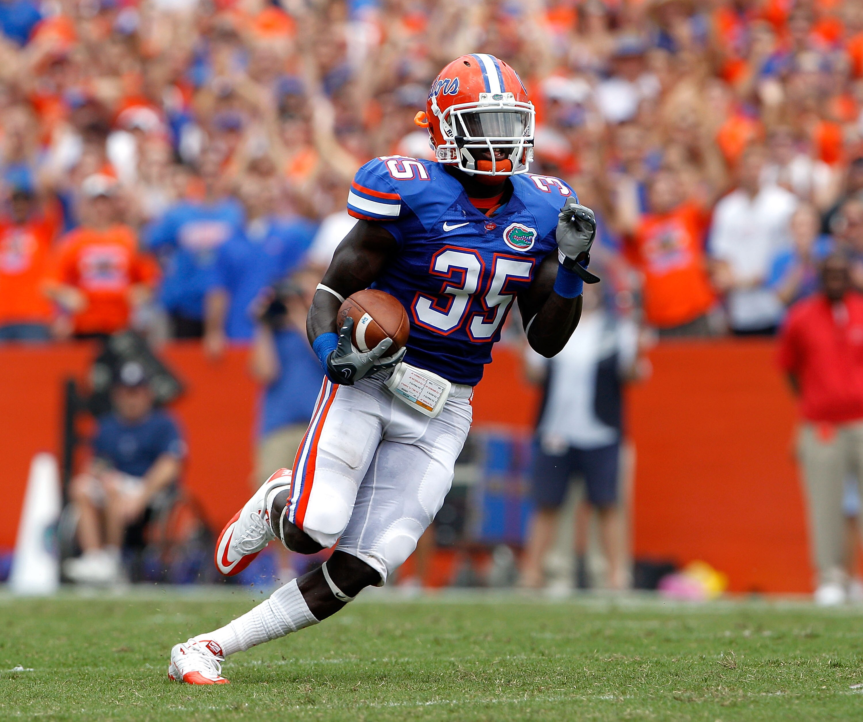 GAINESVILLE, FL - SEPTEMBER 04:  Safety Ahmad Black #35 of the Florida Gators runs after making an interception against the Miami University RedHawks at Ben Hill Griffin Stadium on September 4, 2010 in Gainesville, Florida.  (Photo by Sam Greenwood/Getty