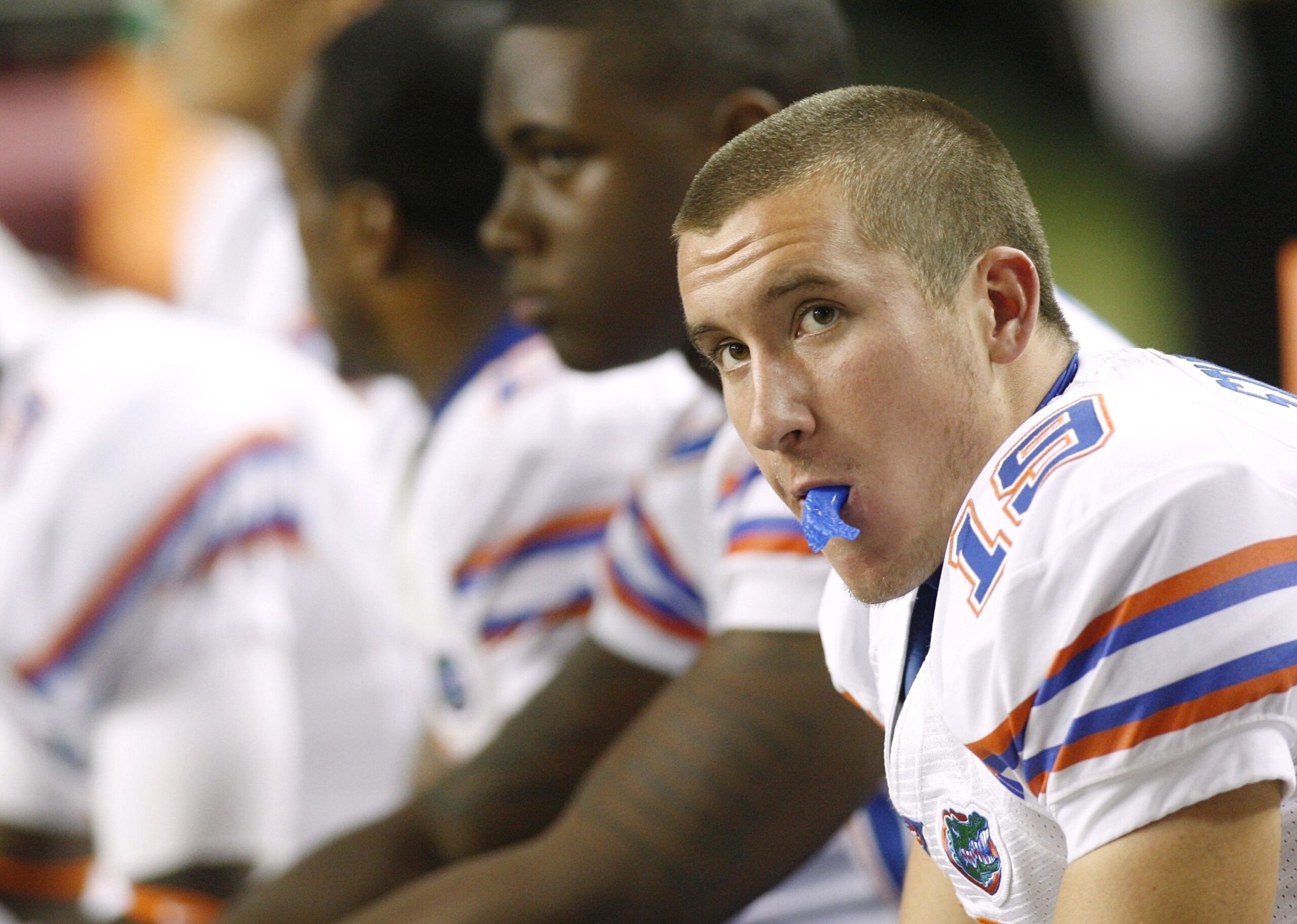 ATLANTA - DECEMBER 5:  Caleb Sturgis #19 of the Florida Gators looks on dejected from the bench against the Alabama Crimson Tide during the SEC Championship game at Georgia Dome on December 5, 2009 in Atlanta, Georgia.  (Photo by Chris Graythen/Getty Imag