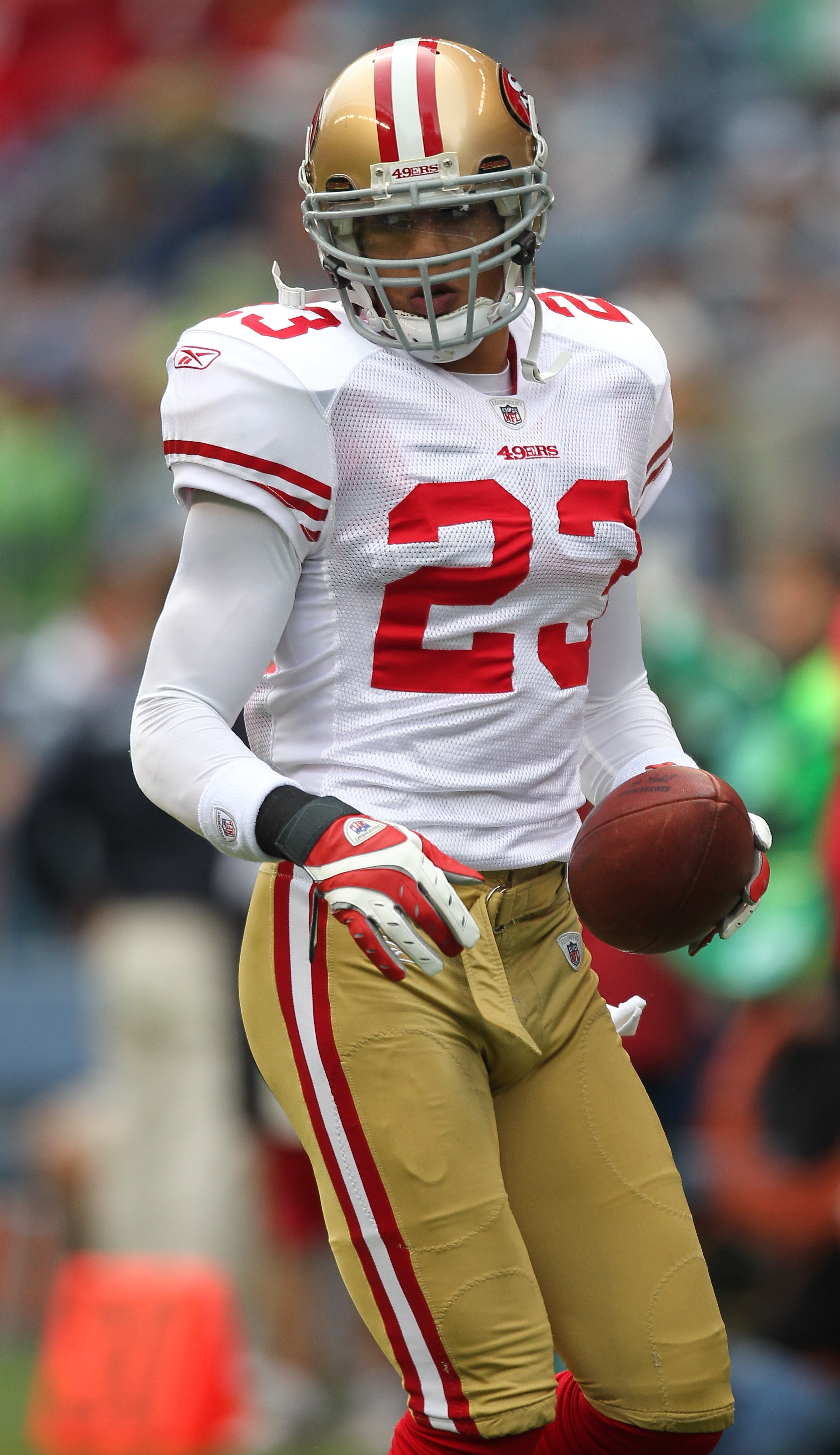 SEATTLE - SEPTEMBER 12:  Safety Taylor Mays #23 of the San Francisco 49ers warms up prior to the NFL season opener against the Seattle Seahawks at Qwest Field on September 12, 2010 in Seattle, Washington. (Photo by Otto Greule Jr/Getty Images)