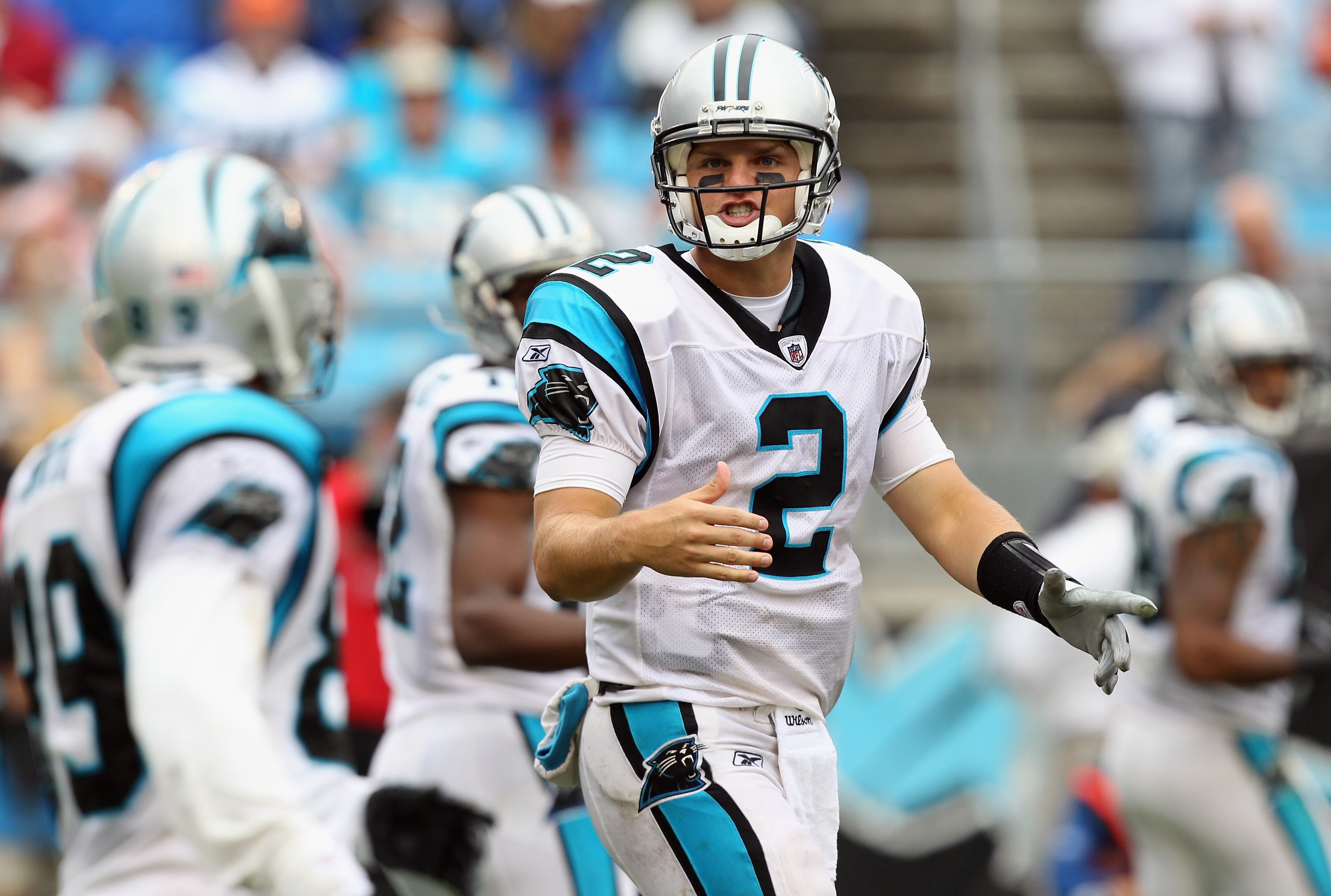 CHARLOTTE, NC - SEPTEMBER 26:  Casey Clausen #2 of the Carolina Panthers against the Cincinnati Bengals during their game at Bank of America Stadium on September 26, 2010 in Charlotte, North Carolina.  (Photo by Streeter Lecka/Getty Images)