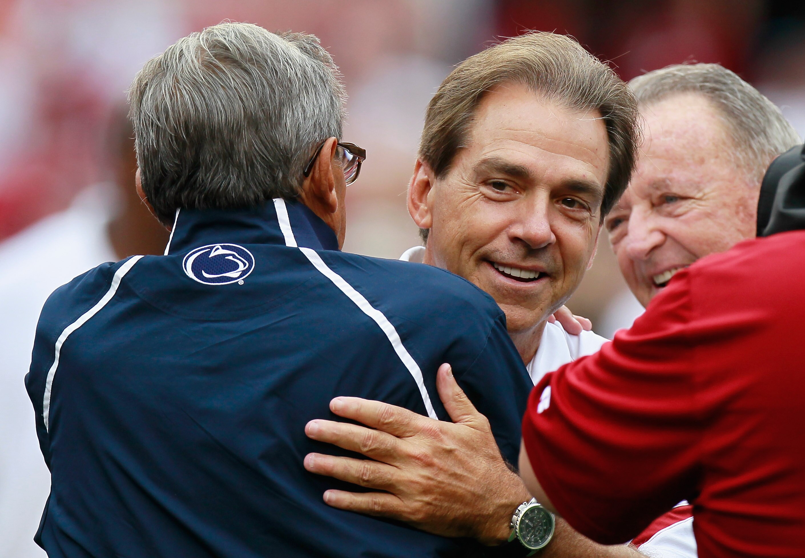 TUSCALOOSA, AL - SEPTEMBER 11:  Head coach Joe Paterno of the Penn State Nittany Lions hugs head coach Nick Saban of the Alabama Crimson Tide during pregame warmups at Bryant-Denny Stadium on September 11, 2010 in Tuscaloosa, Alabama.  (Photo by Kevin C.