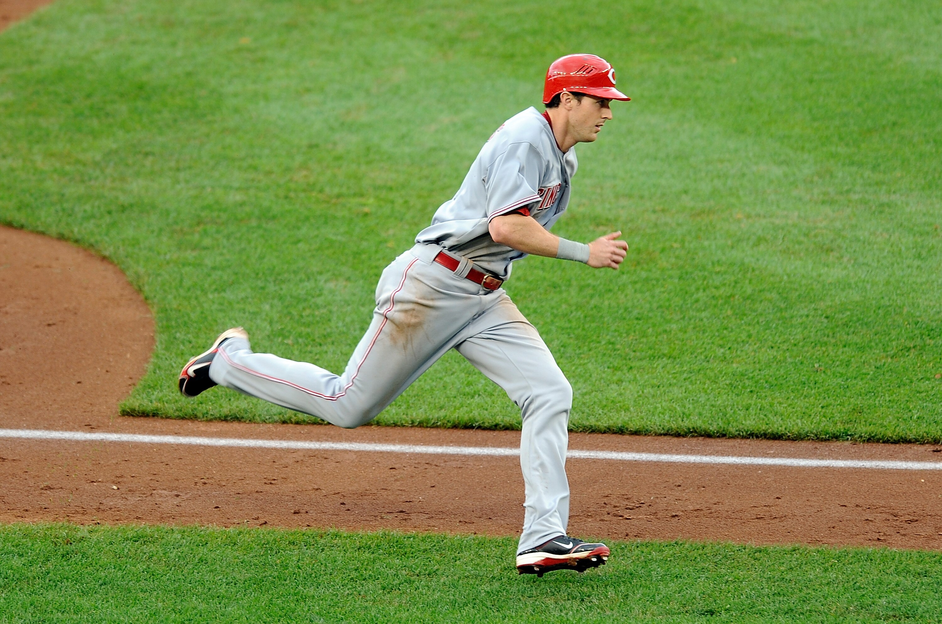 WASHINGTON - JUNE 06:  Drew Stubbs #6 of the Cincinnati Reds rounds third base and scores in the ninth inning against the Washington Nationals at Nationals Park on June 6, 2010 in Washington, DC. The Reds won the game 5-4 in ten innings. (Photo by Greg Fi