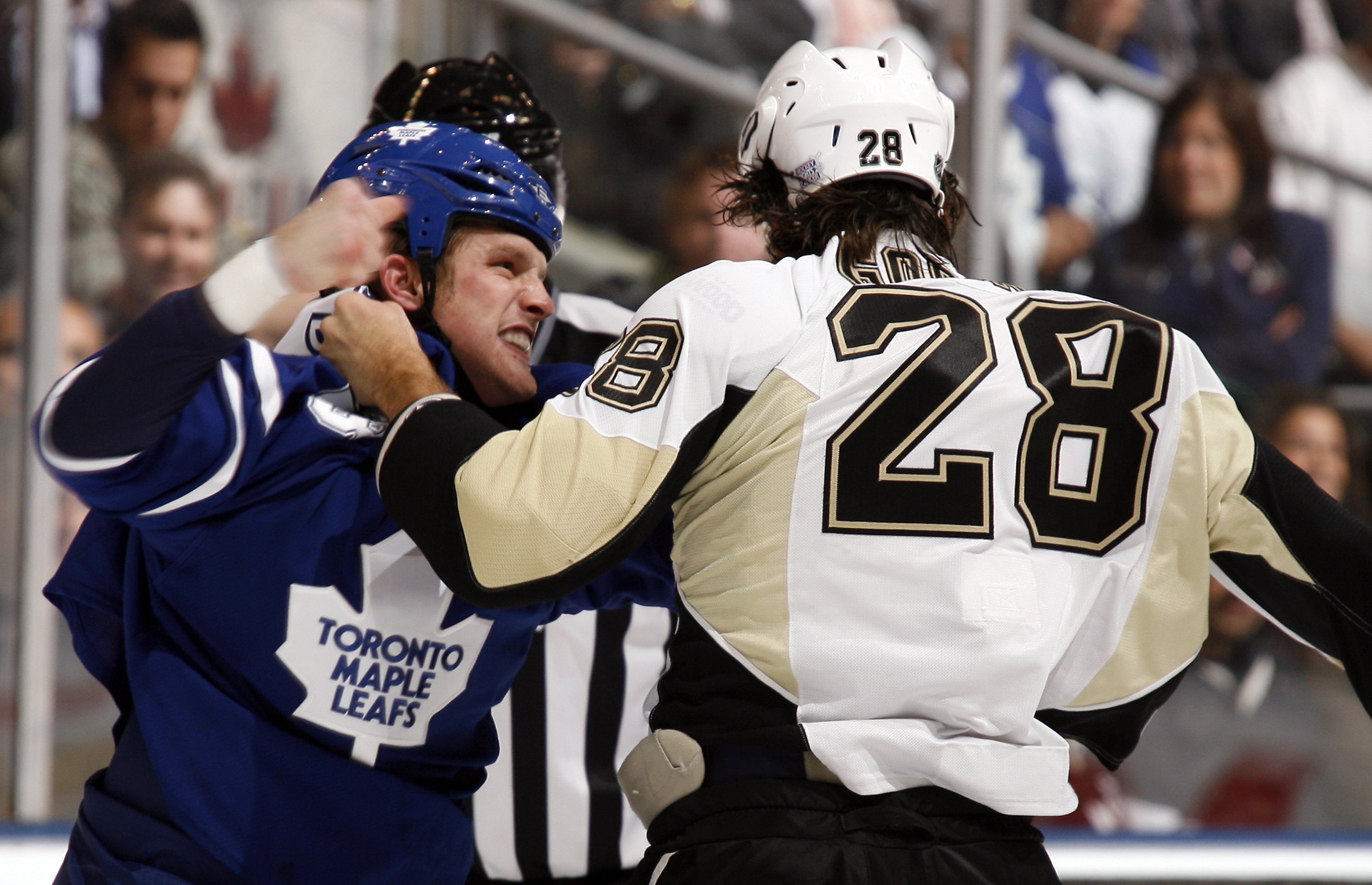 TORONTO - OCTOBER 10: Colton Orr #28 of the Toronto Maple Leafs fights Eric Godard #28 of the Pittsburgh Penguins during a NHL game at the Air Canada Centre on October 10, 2009 in Toronto, Ontario, Canada . (Photo by Abelimages/Getty Images) TORONTO - OCTOBER 10: Colton Orr #28 of the Toronto Maple Leafs fights Eric Godard #28 of the Pittsburgh Penguins during a NHL game at the Air Canada Centre on October 10, 2009 in Toronto, Ontario, Canada . (Photo by Abelimages/Getty Images)