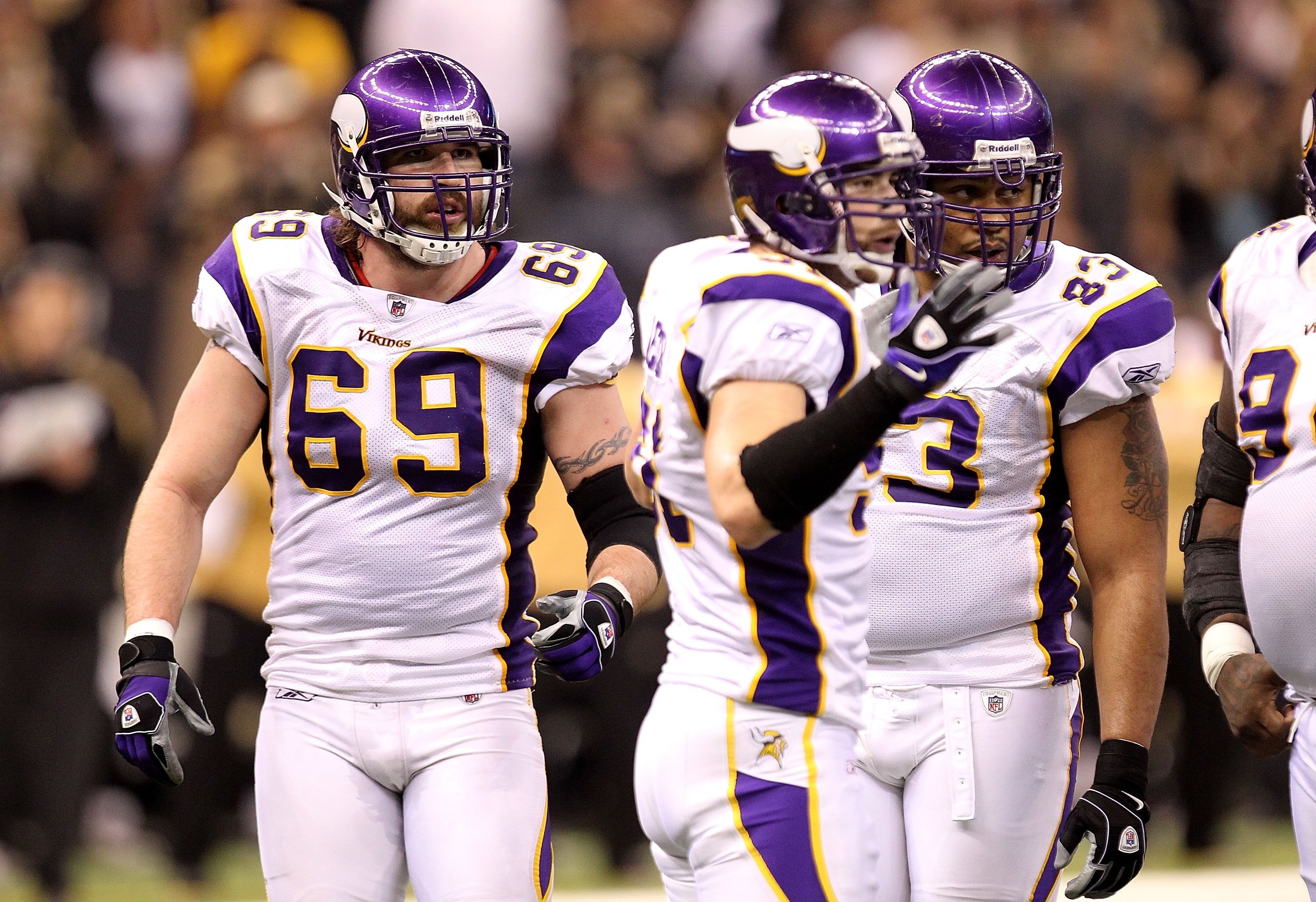 NEW ORLEANS - JANUARY 24:  Jared Allen #69 of the Minnesota Vikings looks on as he stands in the huddle against the New Orleans Saints during the NFC Championship Game at the Louisiana Superdome on January 24, 2010 in New Orleans, Louisiana.  (Photo by Ro