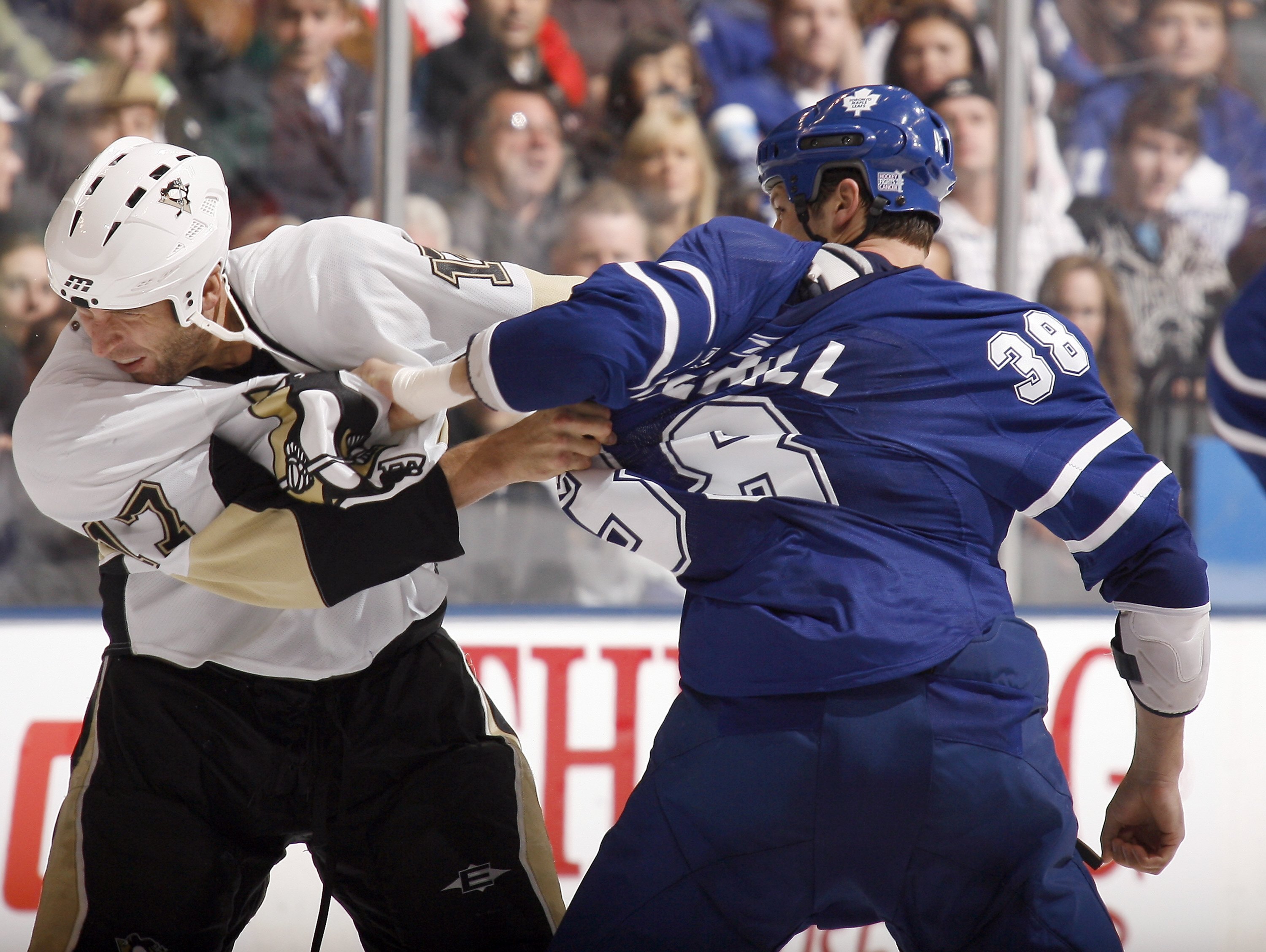 TORONTO - OCTOBER 10: Jay Rosehill #38 of the Toronto Maple Leafs fights Mike Rupp #17 of the Pittsburgh Penguins during a NHL game at the Air Canada Centre on October 10, 2009 in Toronto, Ontario, Canada . (Photo by Abelimages/Getty Images) TORONTO - OCTOBER 10: Jay Rosehill #38 of the Toronto Maple Leafs fights Mike Rupp #17 of the Pittsburgh Penguins during a NHL game at the Air Canada Centre on October 10, 2009 in Toronto, Ontario, Canada . (Photo by Abelimages/Getty Images)