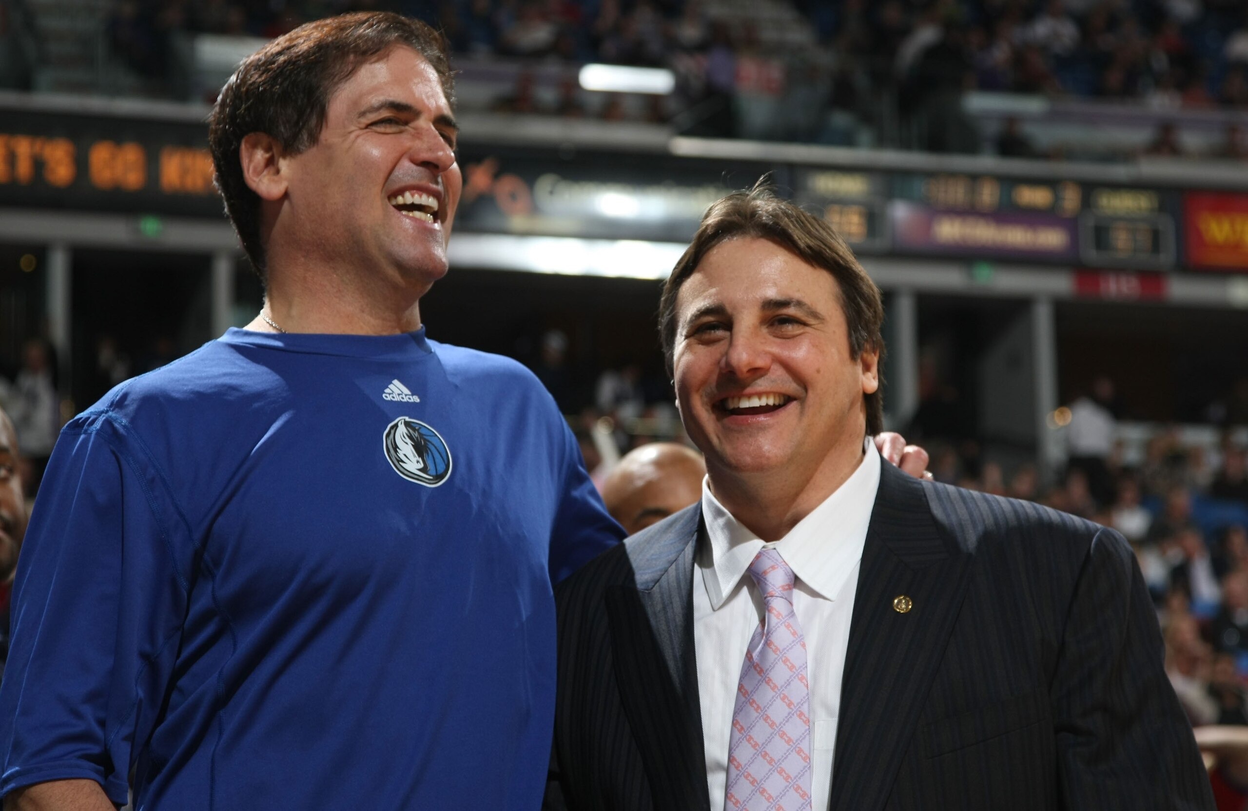 SACRAMENTO, CA - JANUARY 14:  Owner of the Dallas Mavericks Mark Cuban (L) laughs with owner of the Sacramento Kings Gavin Maloof during an NBA game at ARCO Arena January 14, 2008 in Sacramento, California. NOTE TO USER: User expressly acknowledges and ag