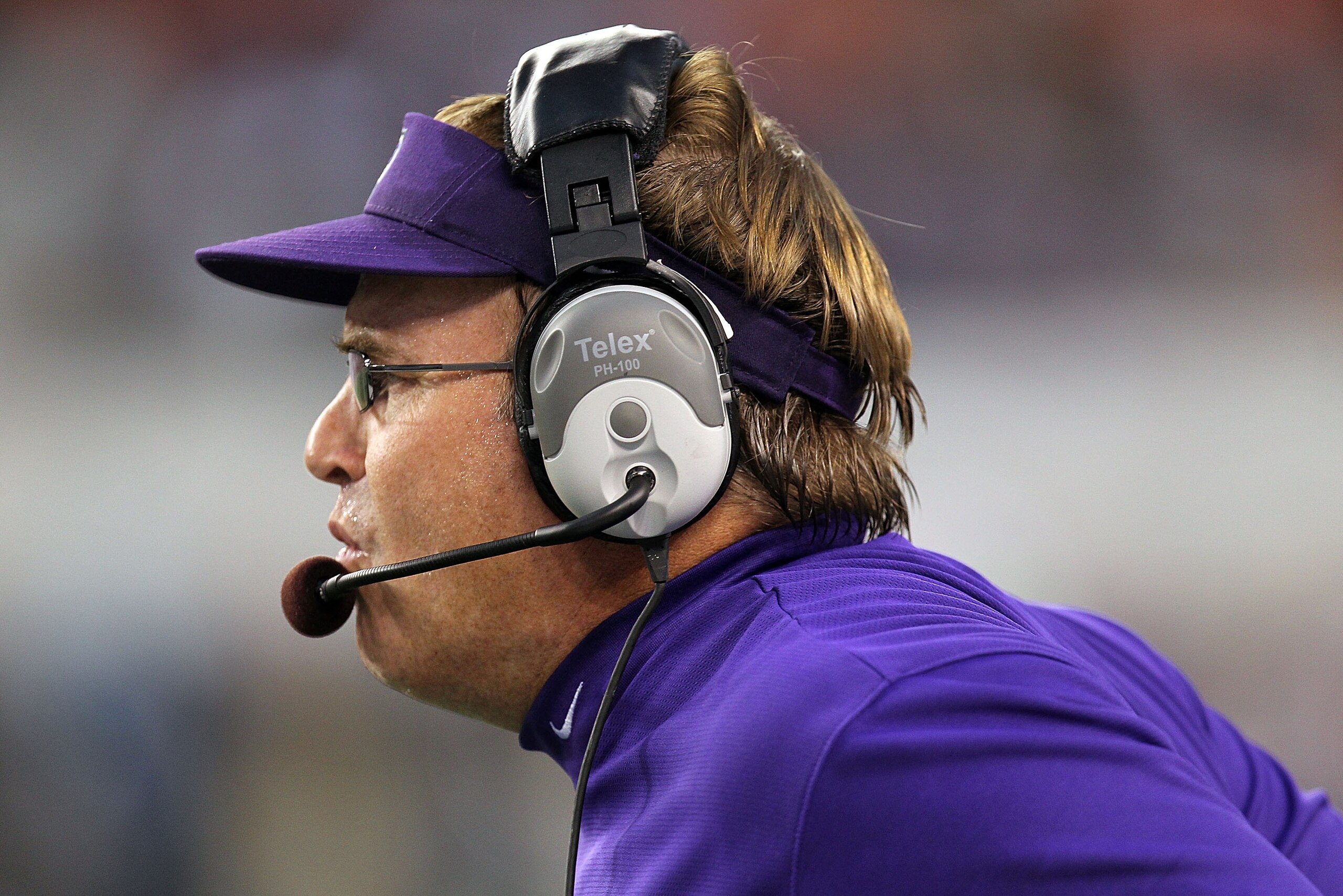 ARLINGTON, TX - SEPTEMBER 04:  Head coach Gary Patterson of the TCU Horned Frogs yells during play against the Oregon State Beavers at Cowboys Stadium on September 4, 2010 in Arlington, Texas.  (Photo by Ronald Martinez/Getty Images)