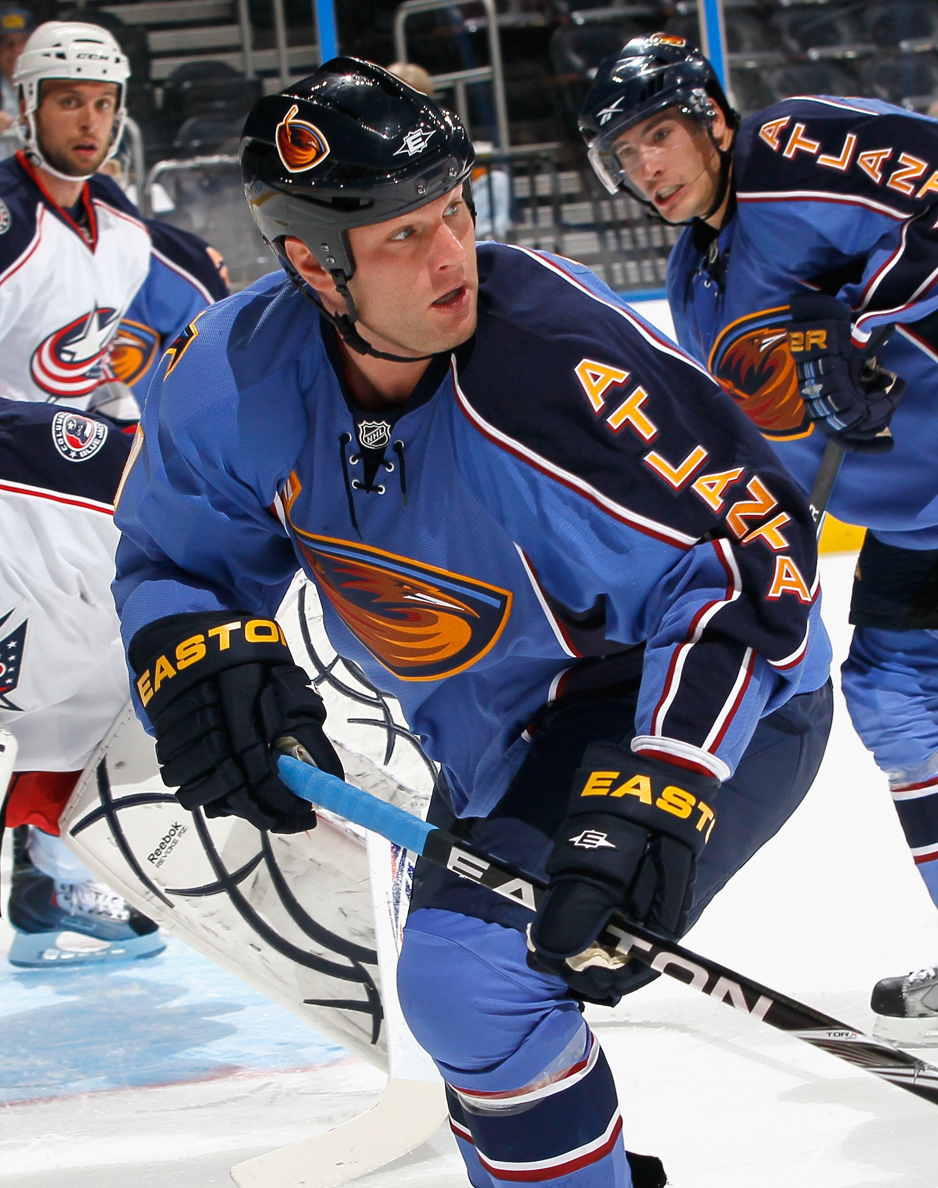 ATLANTA - SEPTEMBER 21:  Ben Eager #21 of the Atlanta Thrashers against the Columbus Blue Jackets during the preseason opener at Phillips Arena on September 21, 2010 in Atlanta, Georgia.  (Photo by Kevin C. Cox/Getty Images)