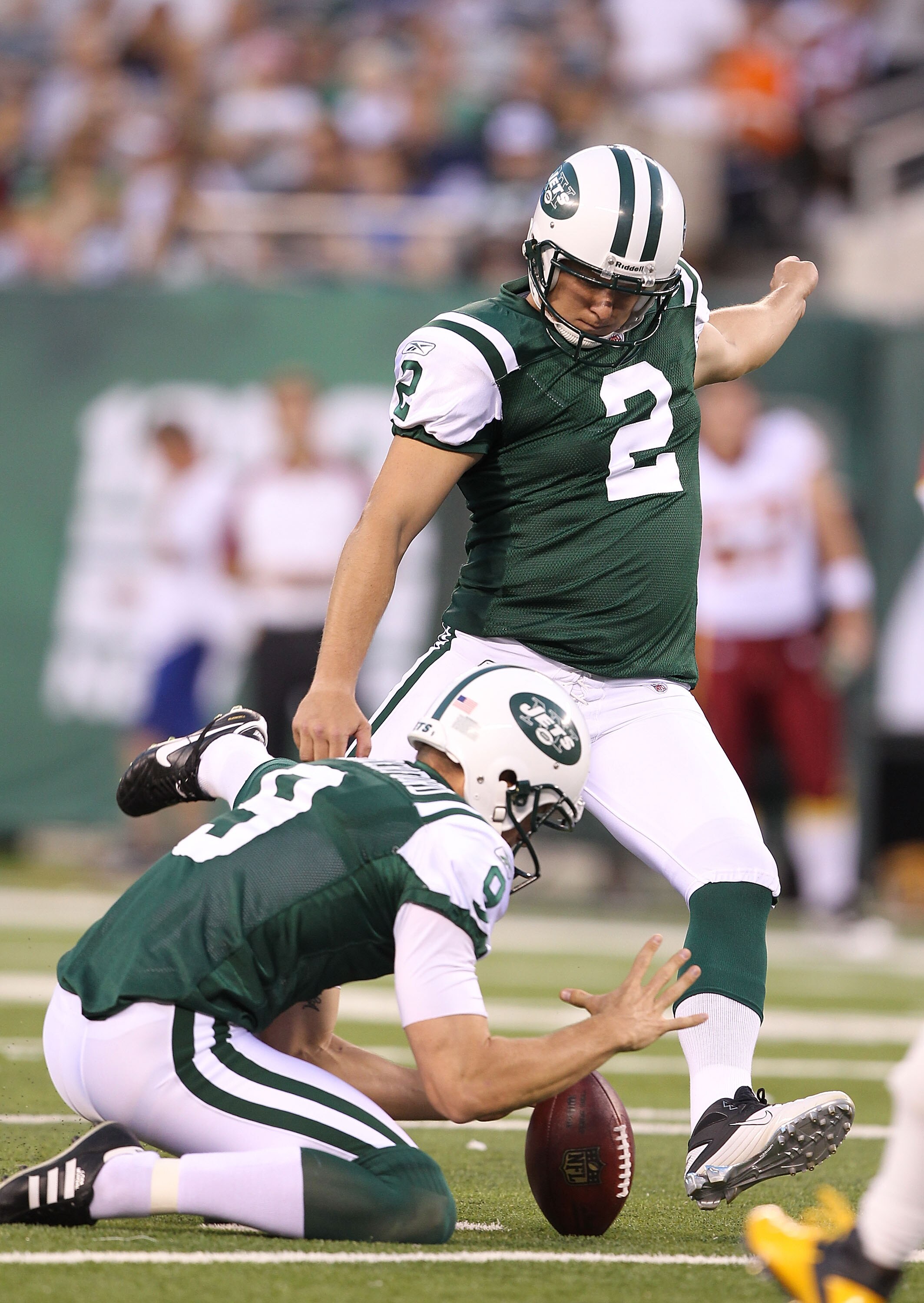 EAST RUTHERFORD, NJ - AUGUST 27:  Nick Folk #2 of the New York Jets in action against the Washington Redskins  during their preseason game on August 27, 2010 at the New Meadowlands Stadium  in East Rutherford, New Jersey.  (Photo by Al Bello/Getty Images)