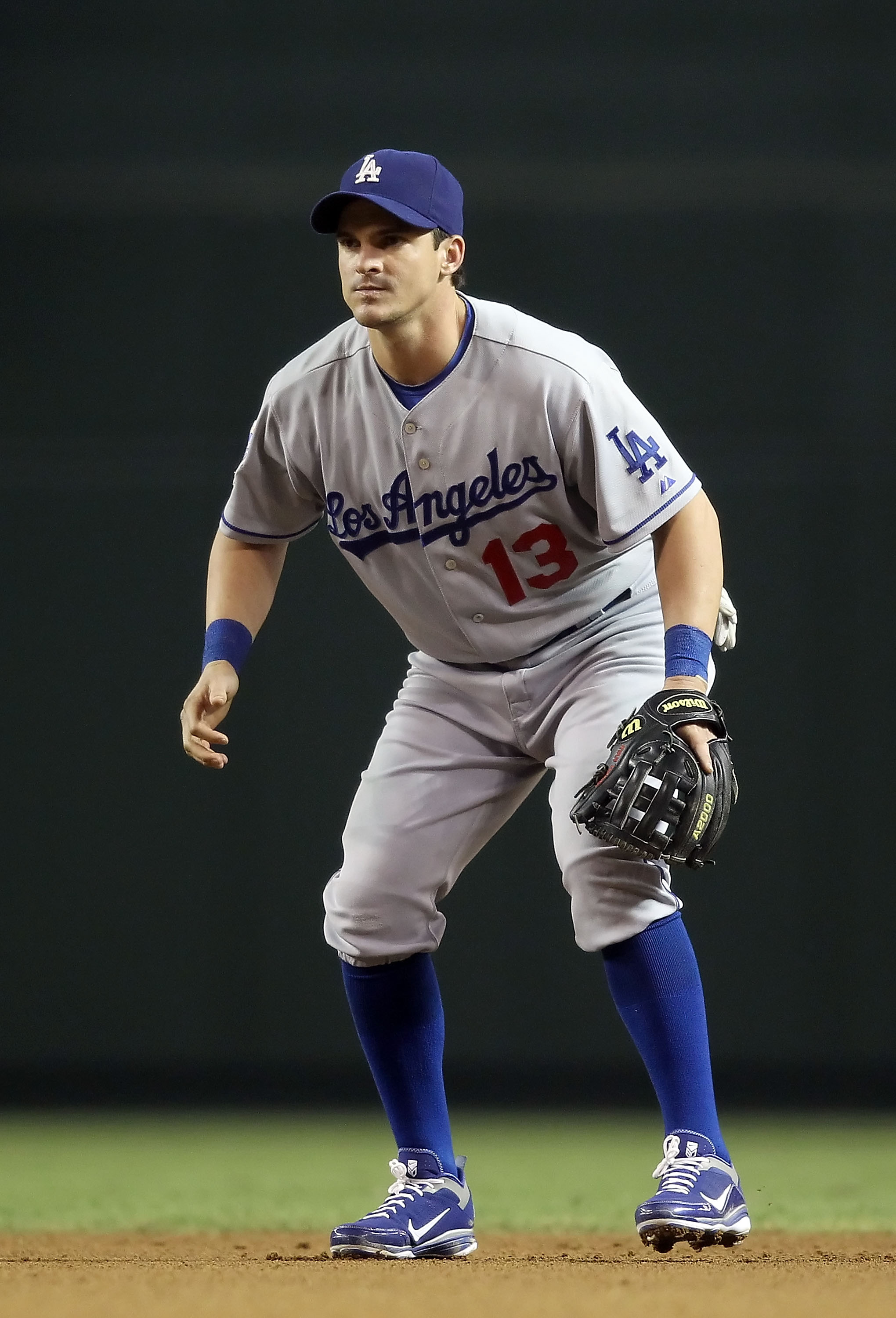 PHOENIX - SEPTEMBER 24:  Infielder Ryan Theriot #13 of the Los Angeles Dodgers in action during the Major League Baseball game against the Arizona Diamondbacks at Chase Field on September 24, 2010 in Phoenix, Arizona.  The Dodgers defeated the Diamondback