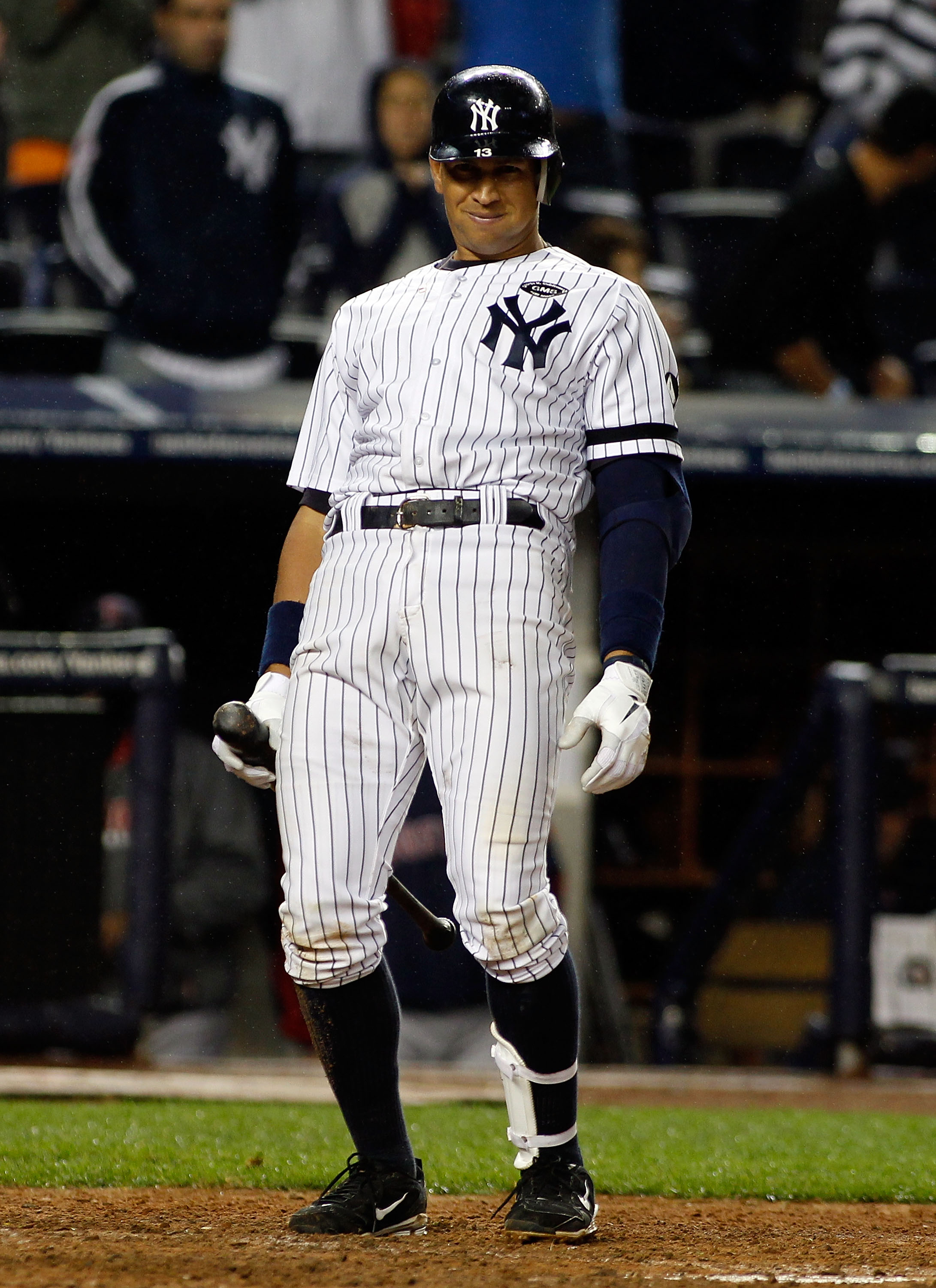 NEW YORK - SEPTEMBER 26:  Alex Rodriguez #13 of the New York Yankees reacts to a called strike against the Boston Red Sox on September 26, 2010 at Yankee Stadium in the Bronx borough of New York City.  (Photo by Mike Stobe/Getty Images)
