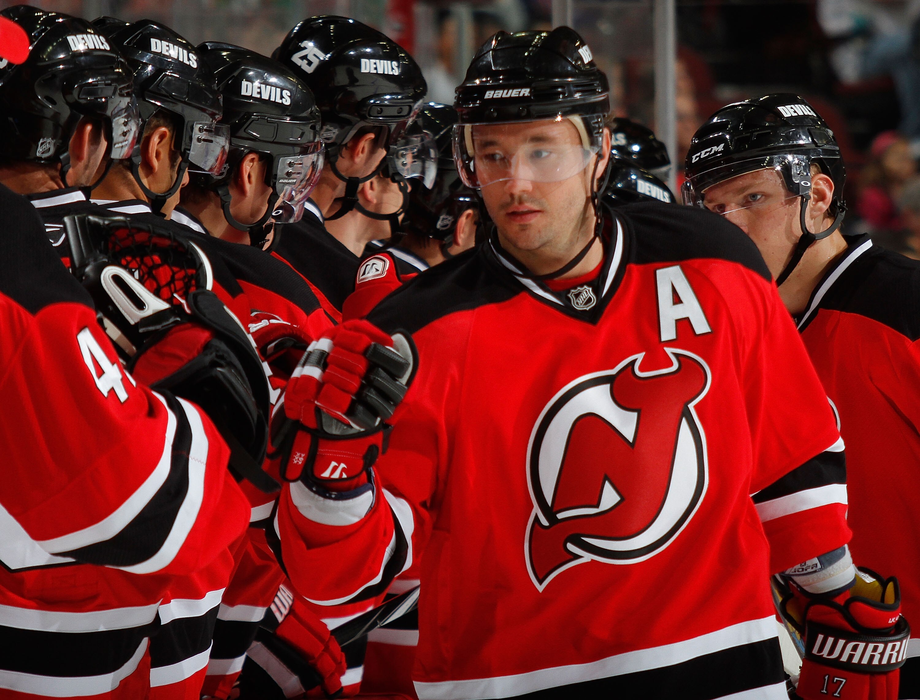 NEWARK, NJ - SEPTEMBER 25:  Ilya Kovalchuk #17 of the New Jersey Devils celebrates a goal during a preseason hockey game against the New York Rangers at the Prudential Center on September 25, 2010 in Newark, New Jersey.  (Photo by Paul Bereswill/Getty Ima