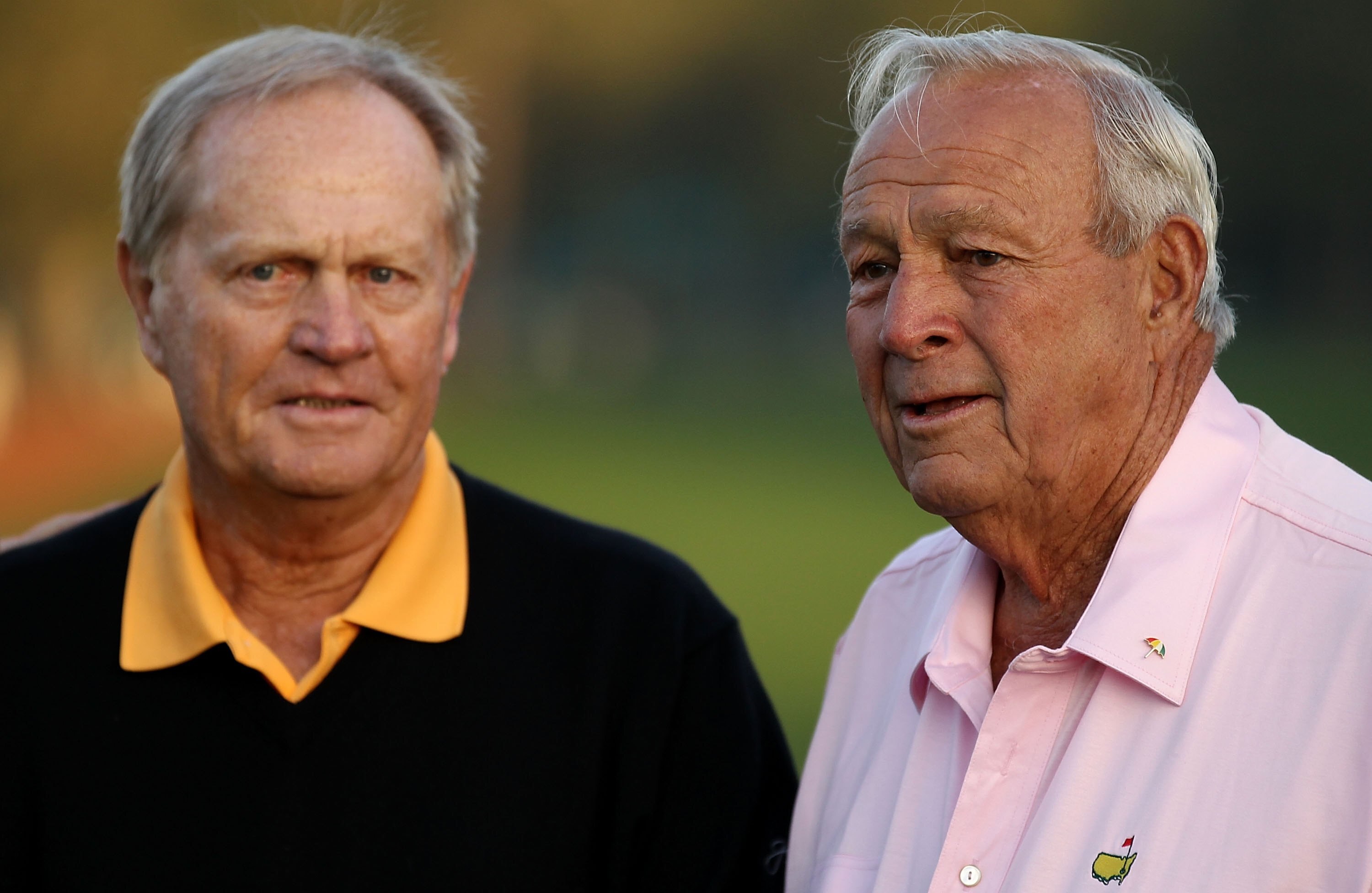 AUGUSTA, GA - APRIL 08:  Jack Nicklaus(L) and Arnold Palmer(R) start the 2010 Masters Tournament on the first tee at Augusta National Golf Club on April 8, 2010 in Augusta, Georgia.  (Photo by Streeter Lecka/Getty Images for Golf Week)