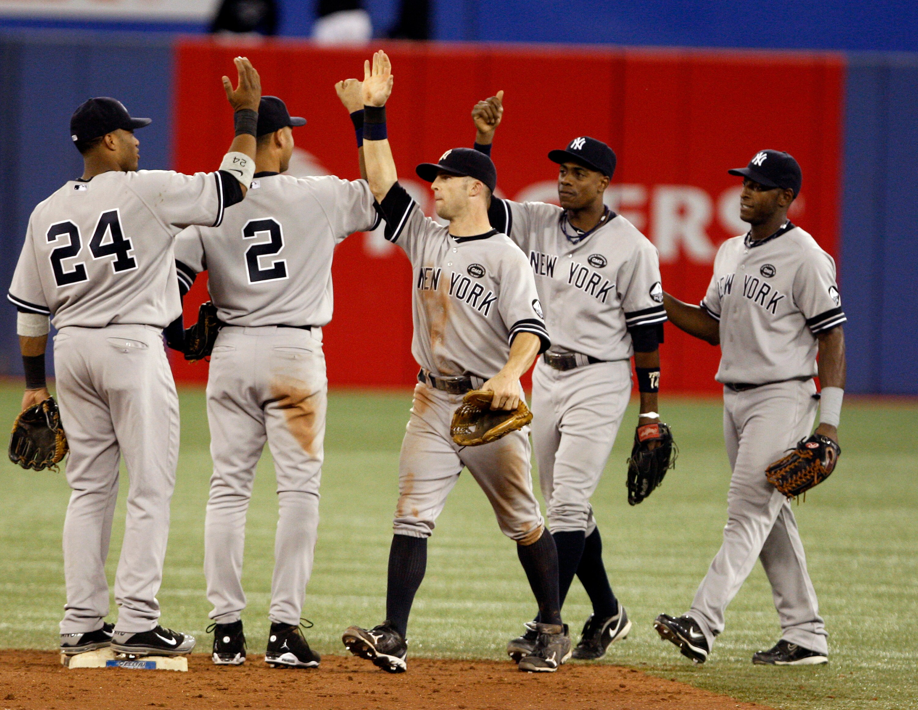 TORONTO, ON - SEPTEMBER 28: The New York Yankees celebrate a post-season berth by beating the Toronto Blue Jays 6-1 during a MLB game at the Rogers Centre September 28, 2010 in Toronto, Ontario, Canada. (Photo by Abelimages/Getty Images)