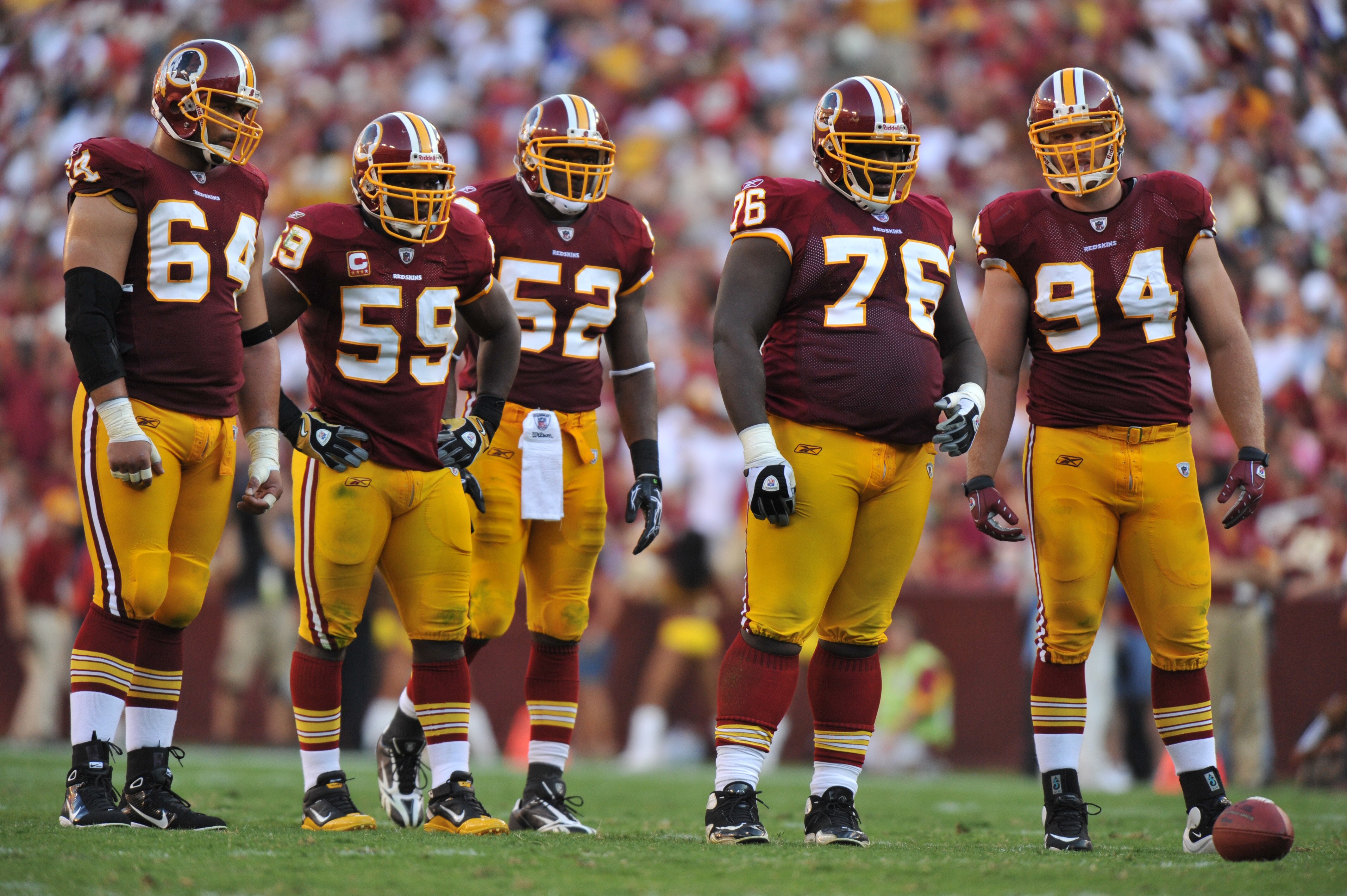 LANDOVER, MD - SEPTEMBER 19:  The Washington Redskins defense awaits the snap during the game against the Houston Texans at FedExField on September 19, 2010 in Landover, Maryland. The Texans defeated the Redskins in overtime 30-27. (Photo by Larry French/