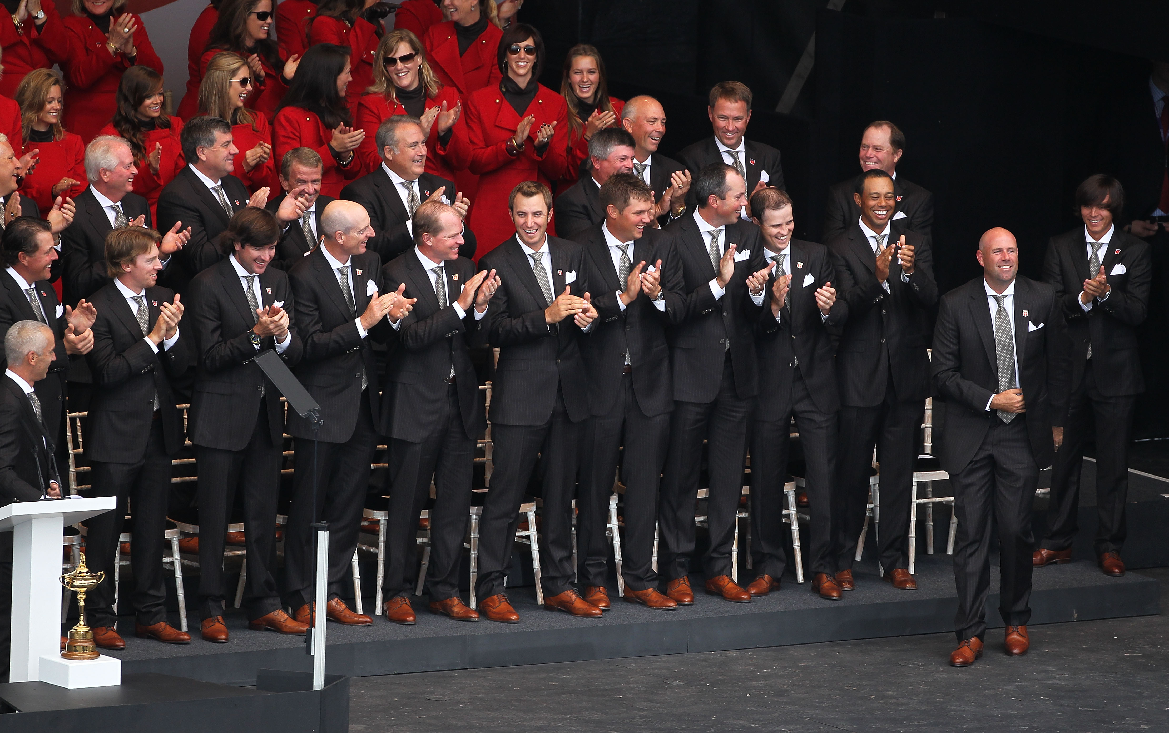 NEWPORT, WALES - SEPTEMBER 30:  Stewart Cink of the USA reacts after Team Captain Corey Pavin forgets to announce him during the Opening Ceremony prior to the 2010 Ryder Cup at the Celtic Manor Resort on September 30, 2010 in Newport, Wales.  (Photo by An