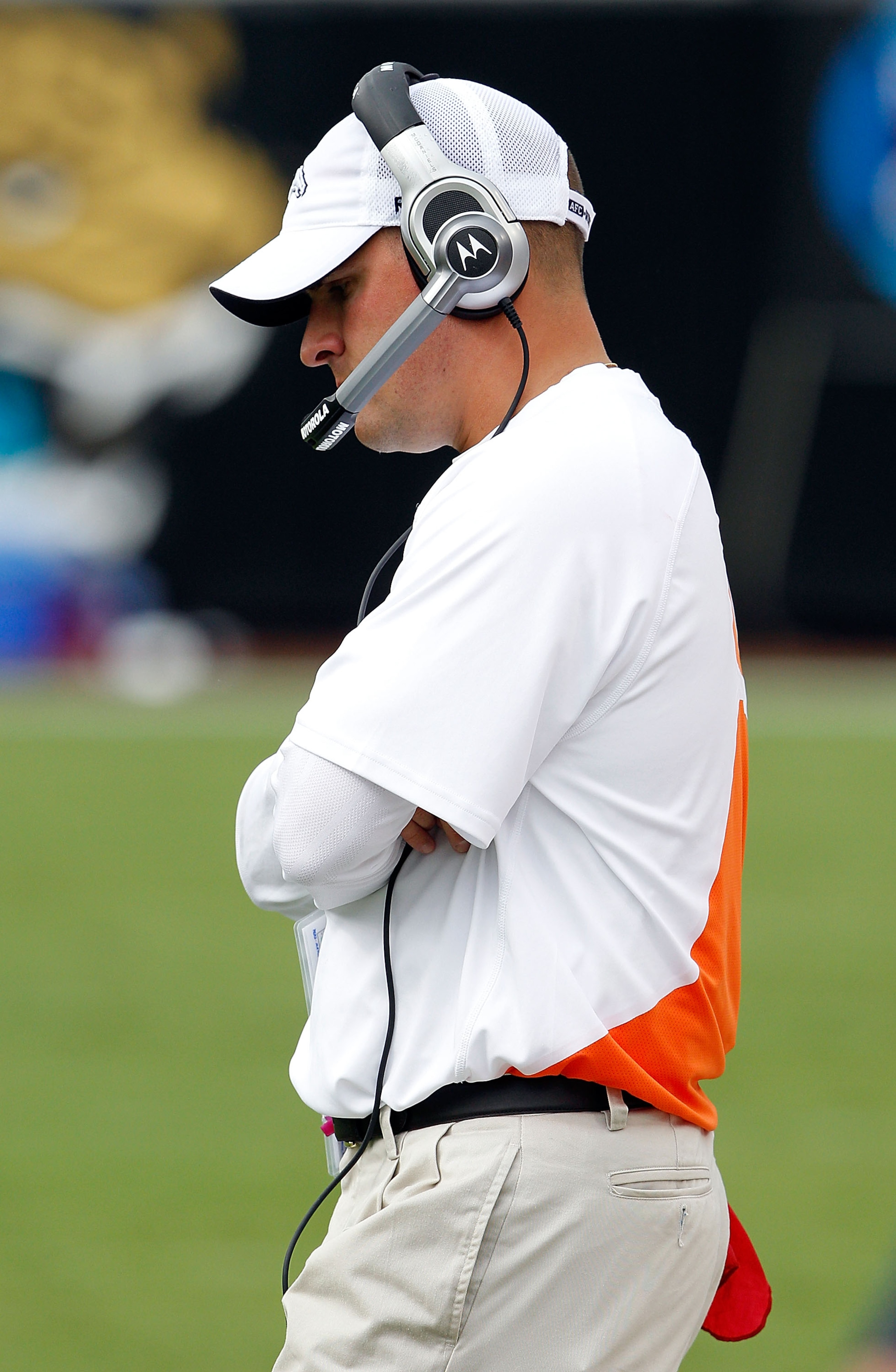 JACKSONVILLE, FL - SEPTEMBER 12:  12:  Head coach Josh McDaniels of the Denver Broncos watches the action during the NFL season opener game against the Jacksonville Jaguars at EverBank Field on September 12, 2010 in Jacksonville, Florida.  (Photo by Sam G
