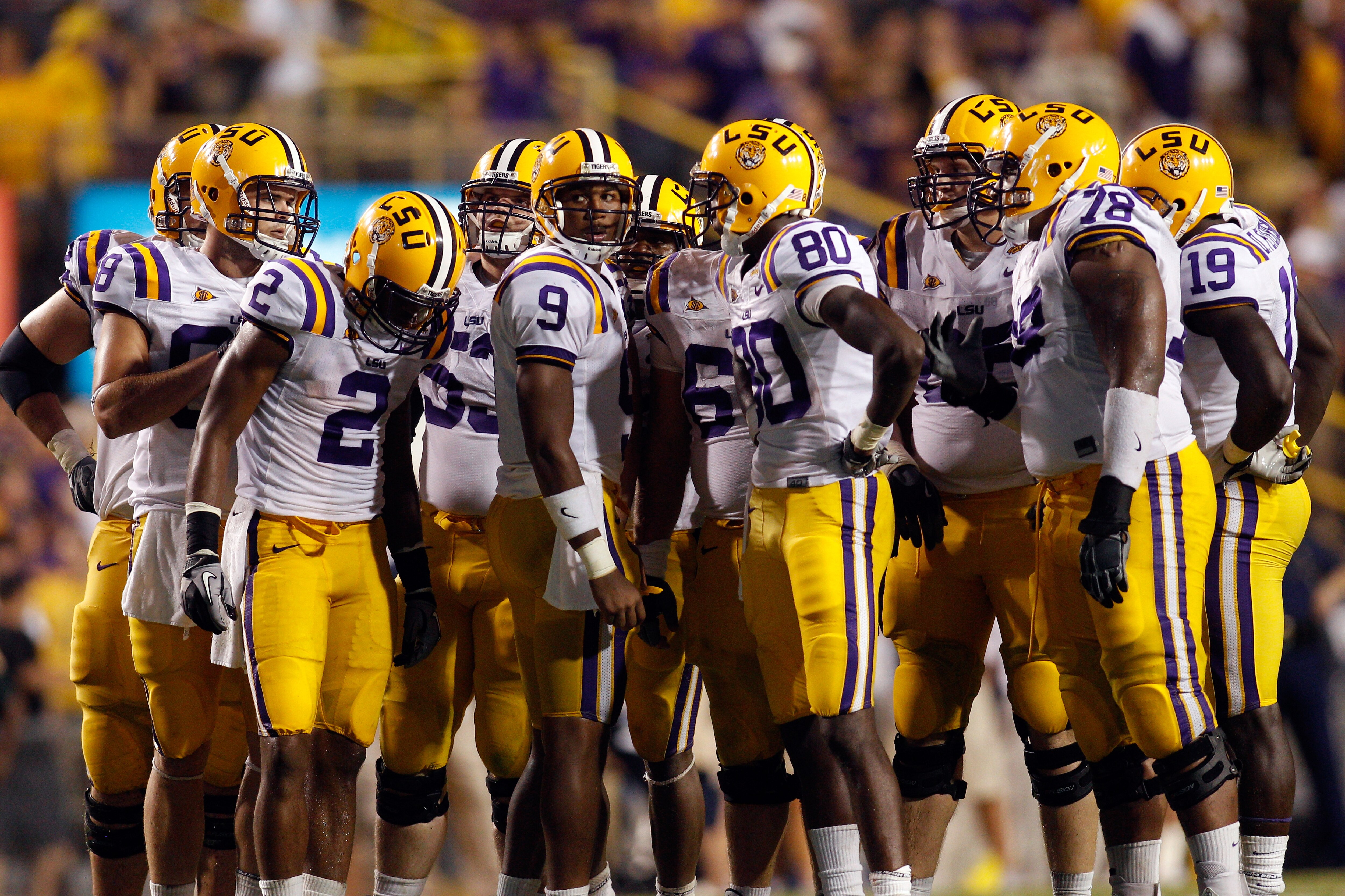 BATON ROUGE, LA - SEPTEMBER 25:  Quarterback Jordan Jefferson #9 of the Louisiana State Univeristy Tigers waits in the huddle during the game against the West Virginia Mountaineers at Tiger Stadium on September 25, 2010 in Baton Rouge, Louisiana. The Tige
