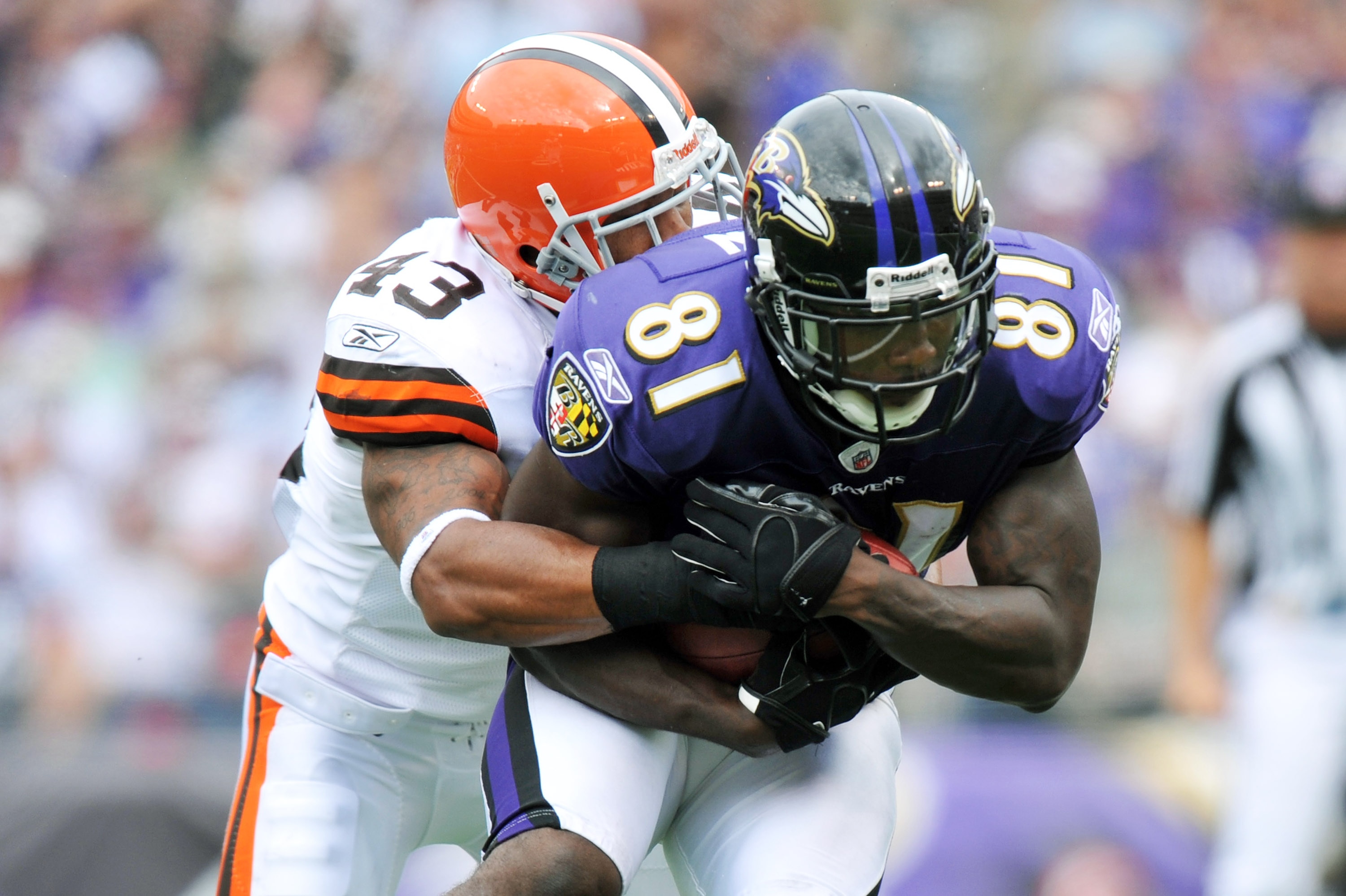 BALTIMORE - SEPTEMBER 26:  Anquan Boldin #81 of the Baltimore Ravens makes a catch against T.J Ward #43 of the Cleveland Browns  at M&T Bank Stadium on September 26, 2010 in Baltimore, Maryland. The Ravens defeated the Browns 24-17. (Photo by Larry French