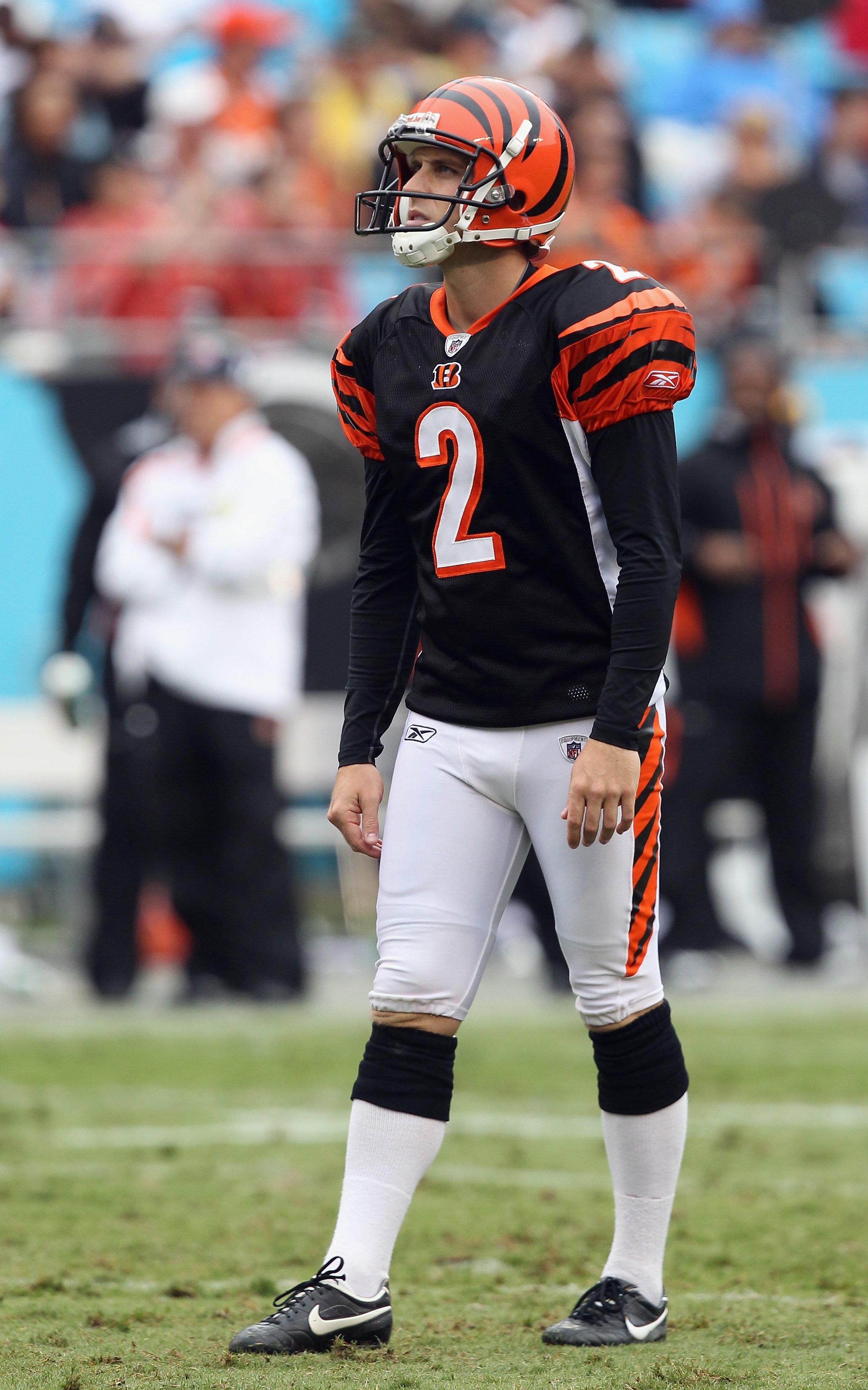 CHARLOTTE, NC - SEPTEMBER 26:  Mike Nugent #2 of the Cincinnati Bengals against the Carolina Panthers during their game at Bank of America Stadium on September 26, 2010 in Charlotte, North Carolina.  (Photo by Streeter Lecka/Getty Images)