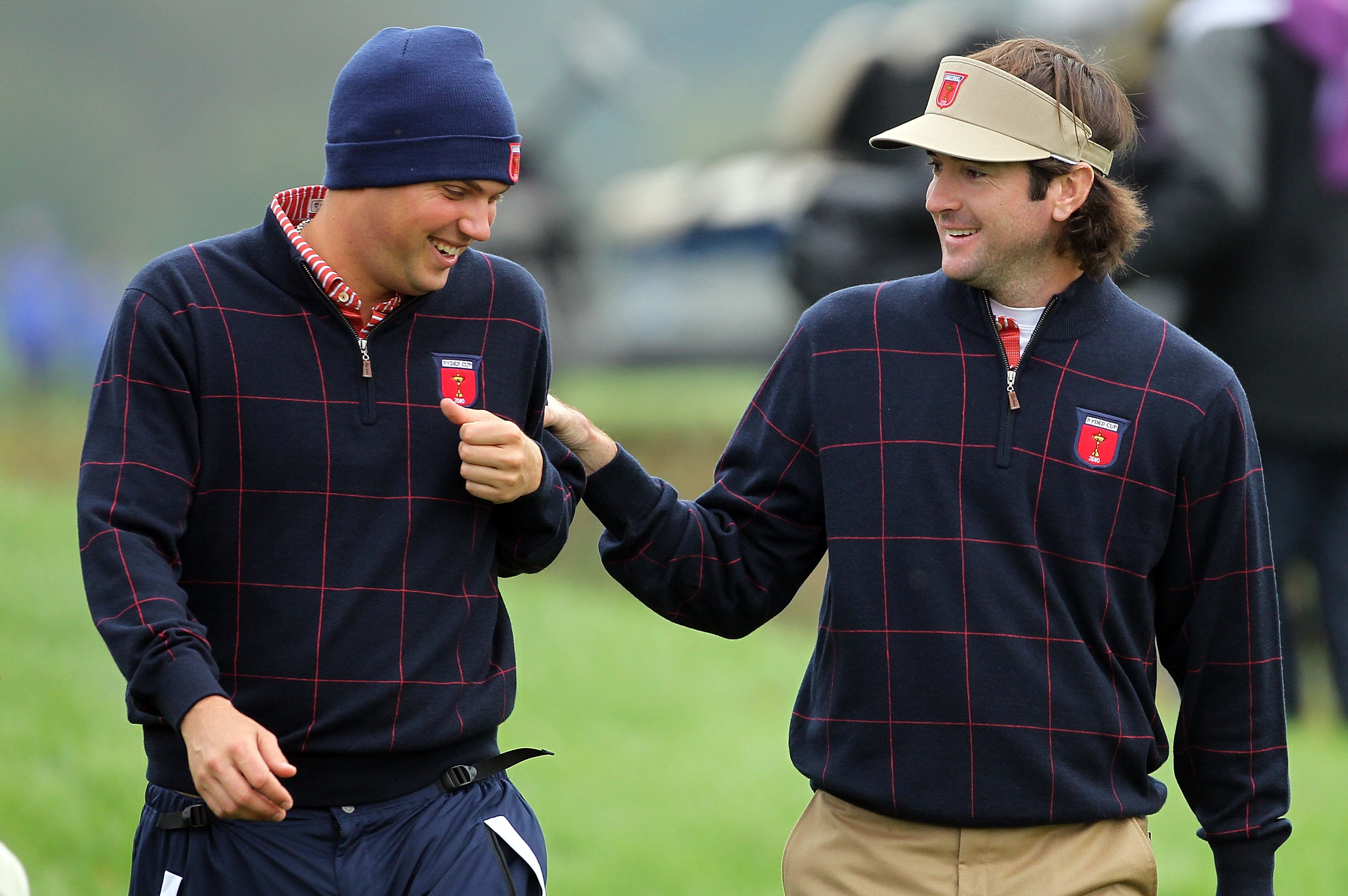 NEWPORT, WALES - SEPTEMBER 30:  Jeff Overton of the USA jokes with team mate Bubba Watson (R)  during a practice round prior to the 2010 Ryder Cup at the Celtic Manor Resort on September 30, 2010 in Newport, Wales.  (Photo by Andy Lyons/Getty Images)