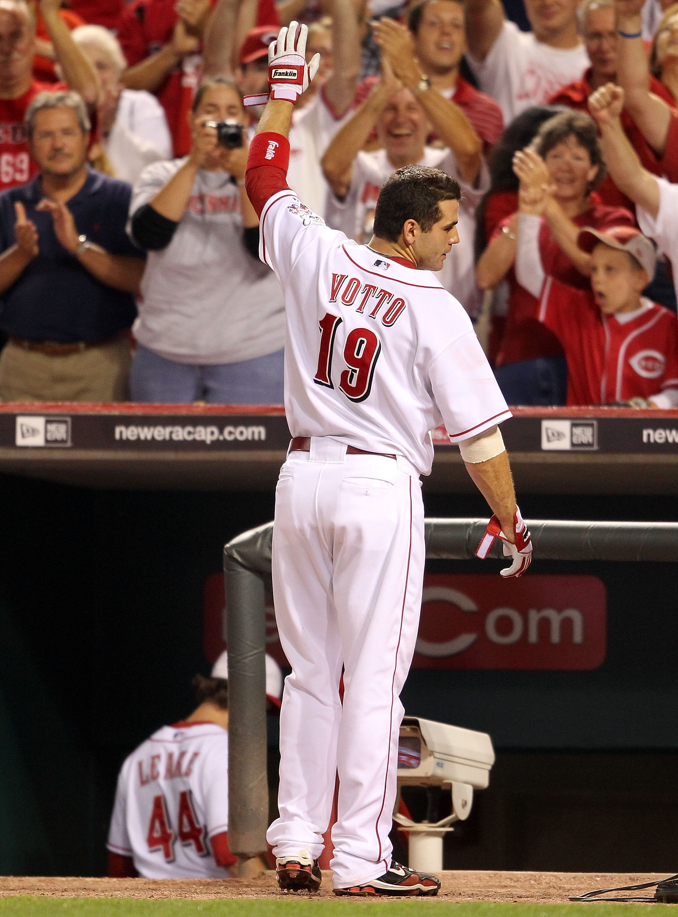 CINCINNATI - SEPTEMBER 11:  Joey Votto #19 of the Cincinnati Reds waves to the crowd during the game against the Pittsburg Pirates at Great American Ball Park on September 11, 2010 in Cincinnati, Ohio.  (Photo by Andy Lyons/Getty Images)