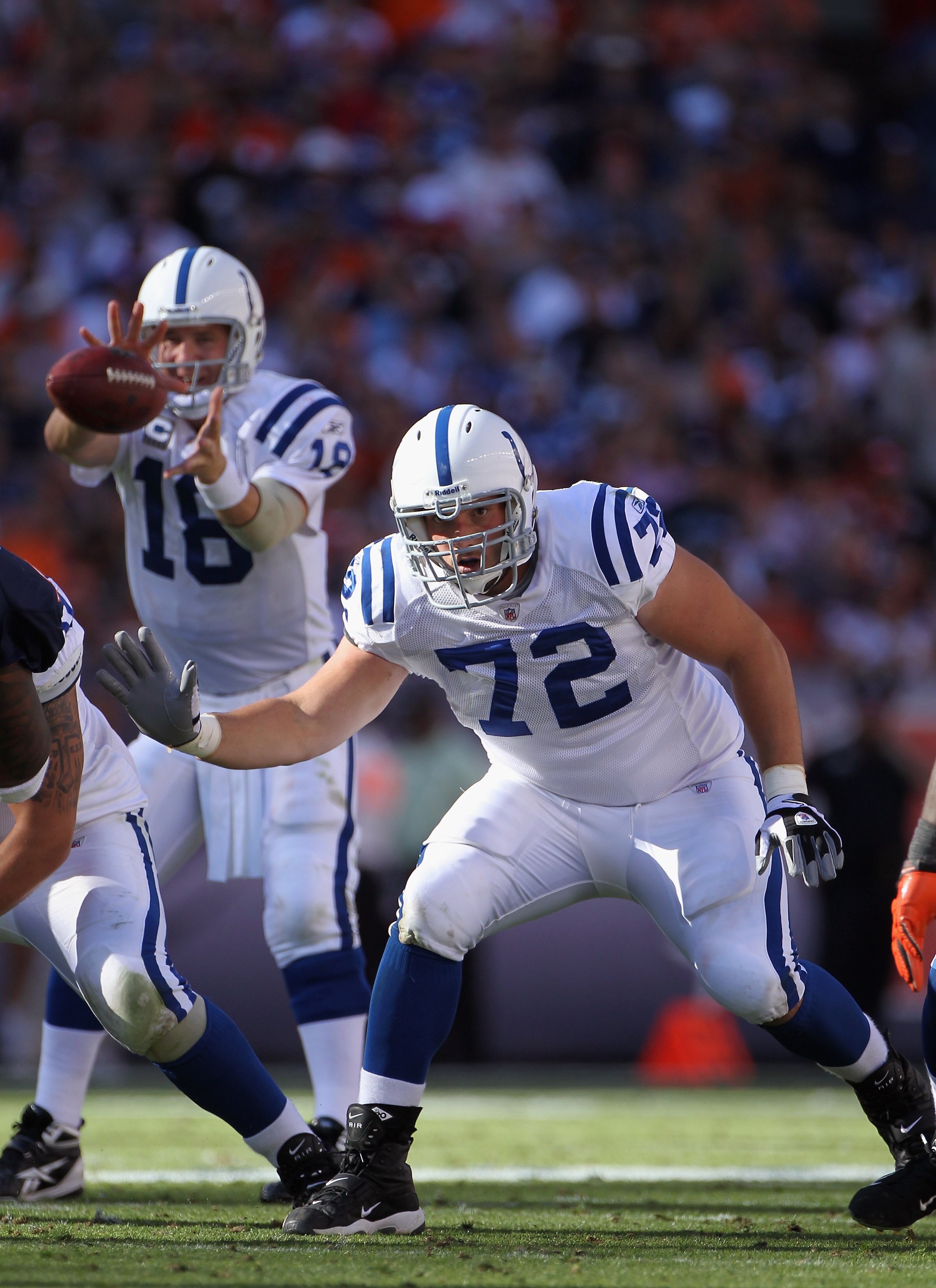 DENVER - SEPTEMBER 26:  Offensive tackle Jeff Linkenbach #72 protects quarterback Peyton Manning #18 of the Indianapolis Colts against the Denver Broncos at INVESCO Field at Mile High on September 26, 2010 in Denver, Colorado. The Colts defeated the Bronc