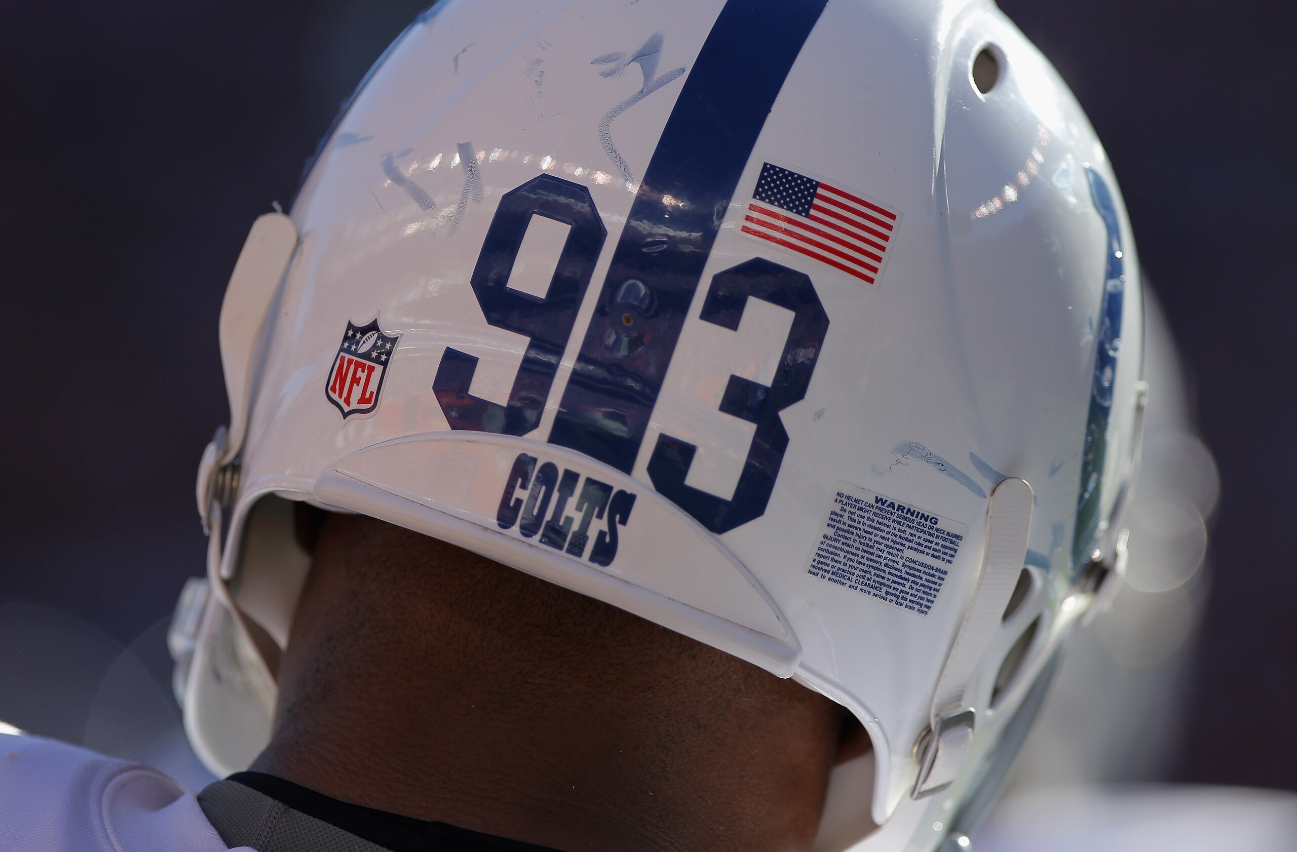 DENVER - SEPTEMBER 26:  A detail photo of the helmet of defensive linemen Dwight Freeney #93 of the Indianapolis Colts as he prepare to play defense against the Denver Broncos at INVESCO Field at Mile High on September 26, 2010 in Denver, Colorado. The Co