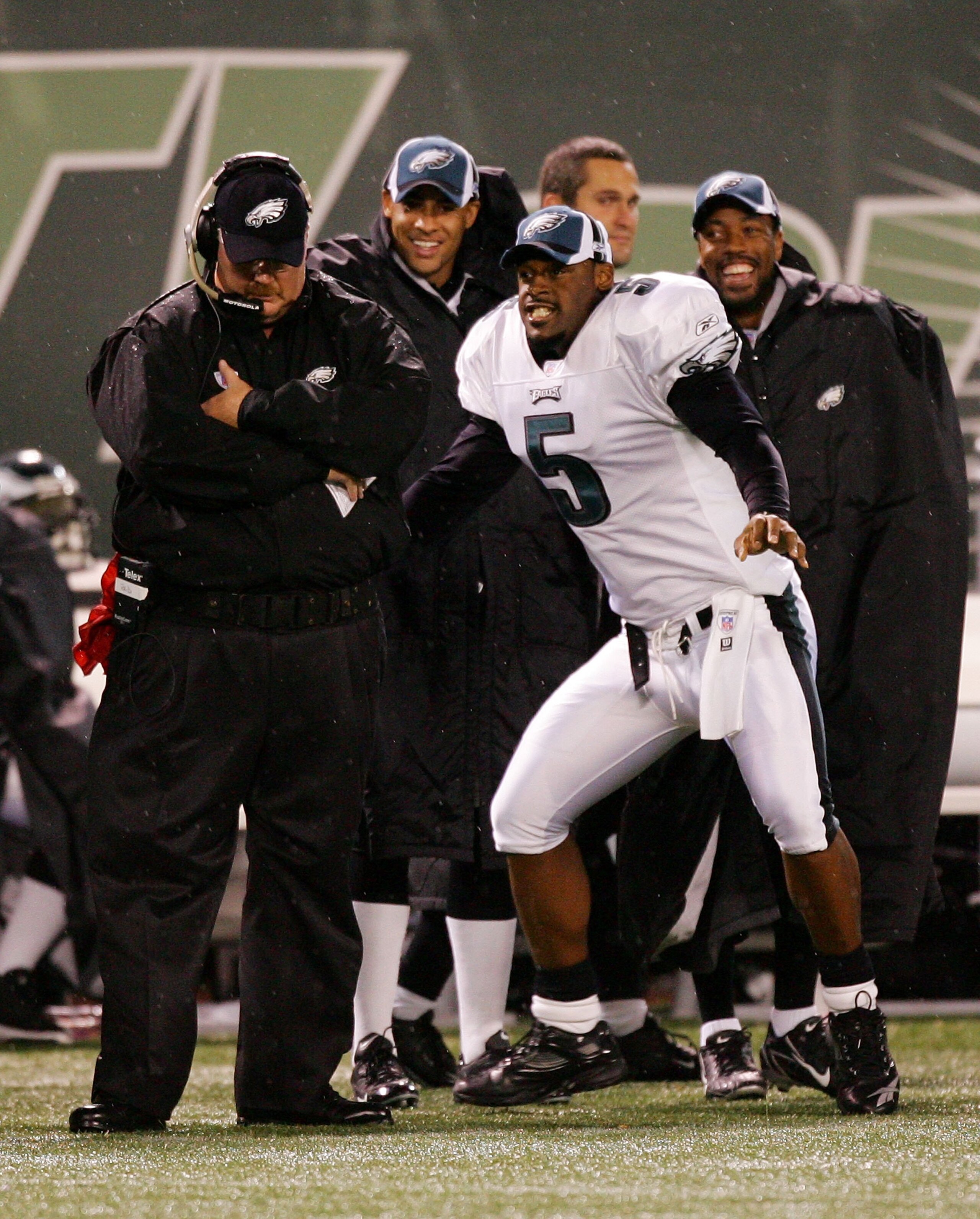 EAST RUTHERFORD, NJ - SEPTEMBER 01:  Donovan McNabb #5 of the Philadelphia Eagles 'dances' for head coach Andy Reid (L) during a time out against the New York Jets during their preseason game at Giants Stadium September 01, 2006 in East Rutherford, New Je