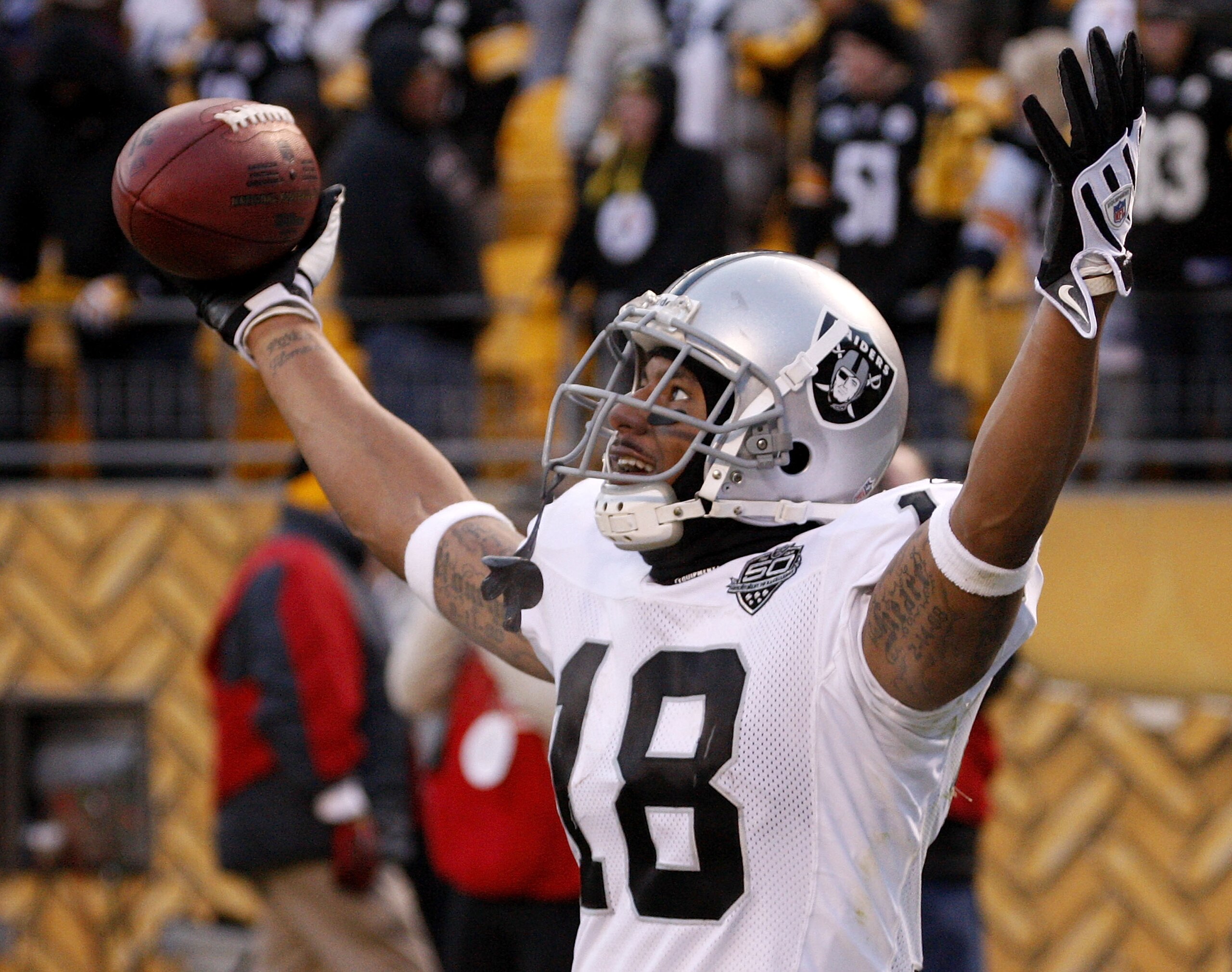PITTSBURGH - DECEMBER 06:  Louis Murphy #18 of the Oakland Raiders celebrates his game winning touchdown with nine seconds left on the clock while playing the Pittsburgh Steelers on December 6, 2009 at Heinz Field in Pittsburgh, Pennsylvania. Oakland won 