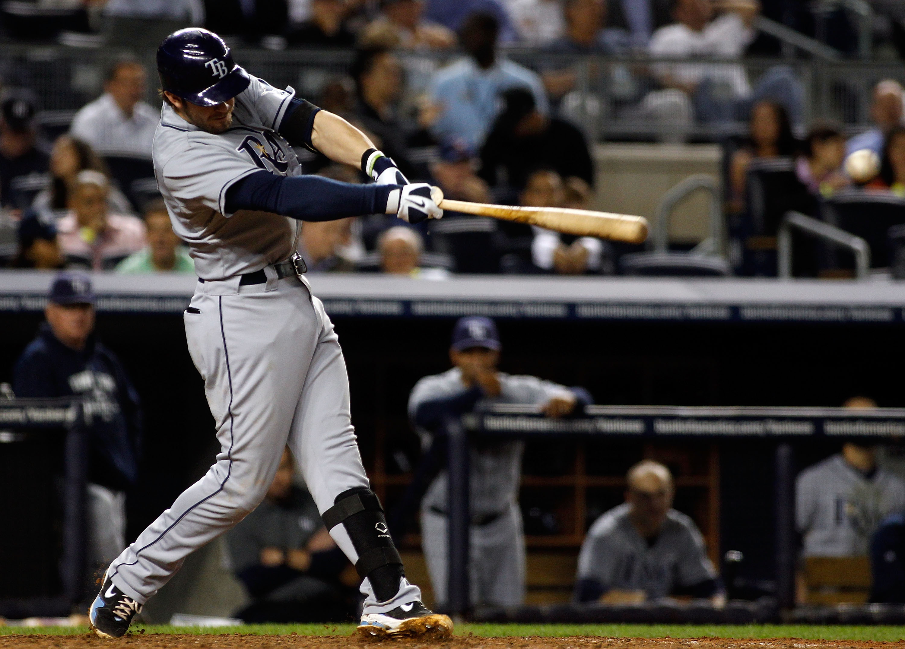 NEW YORK - SEPTEMBER 23:  Evan Longoria #3 of the Tampa Bay Rays hits a double in the sixth-inning against the New York Yankees  on September 23, 2010 at Yankee Stadium in the Bronx borough of New York City.  (Photo by Mike Stobe/Getty Images)