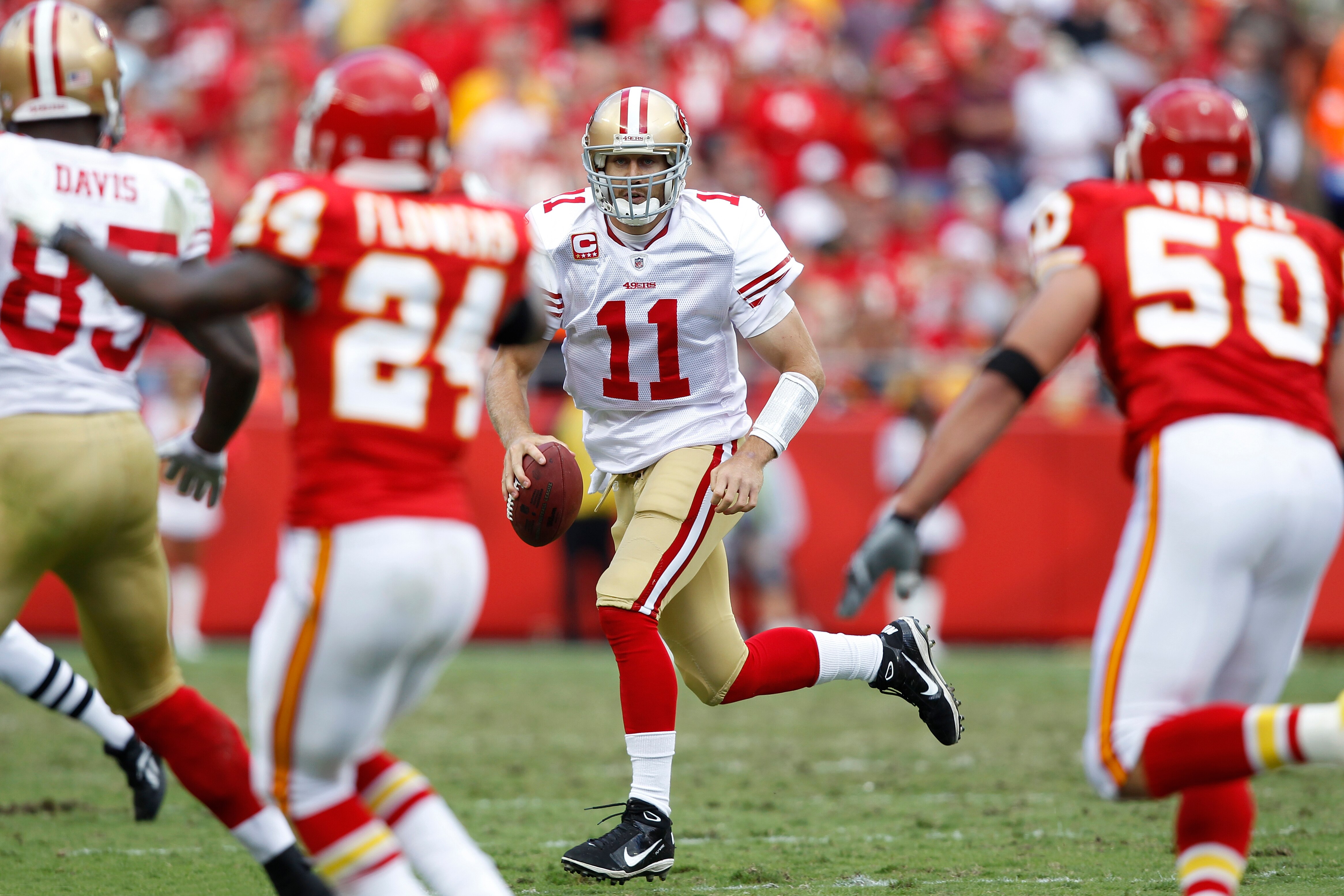 KANSAS CITY, MO - SEPTEMBER 26: Alex Smith #11 of the San Francisco 49ers runs the ball while under pressure against the Kansas City Chiefs at Arrowhead Stadium on September 26, 2010 in Kansas City, Missouri. The Chiefs won 31-10. (Photo by Joe Robbins/Ge