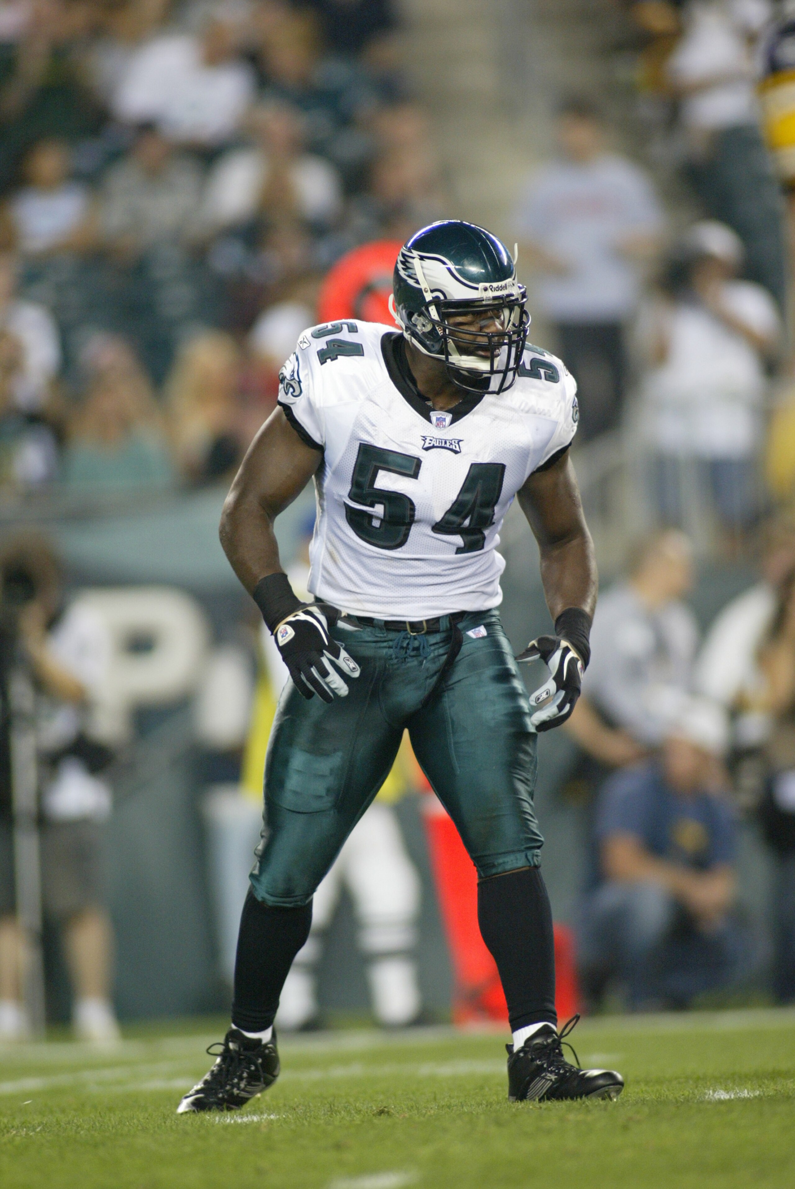 PHILADELPHIA - AUGUST 25:  Linebacker Jeremiah Trotter #54 of the Philadelphia Eagles stands on the field during a preseason game against the Pittsburgh Steelers on August 25, 2006 at Lincoln Financial Field in Philadelphia, Pennsylvania. The Eagles defea