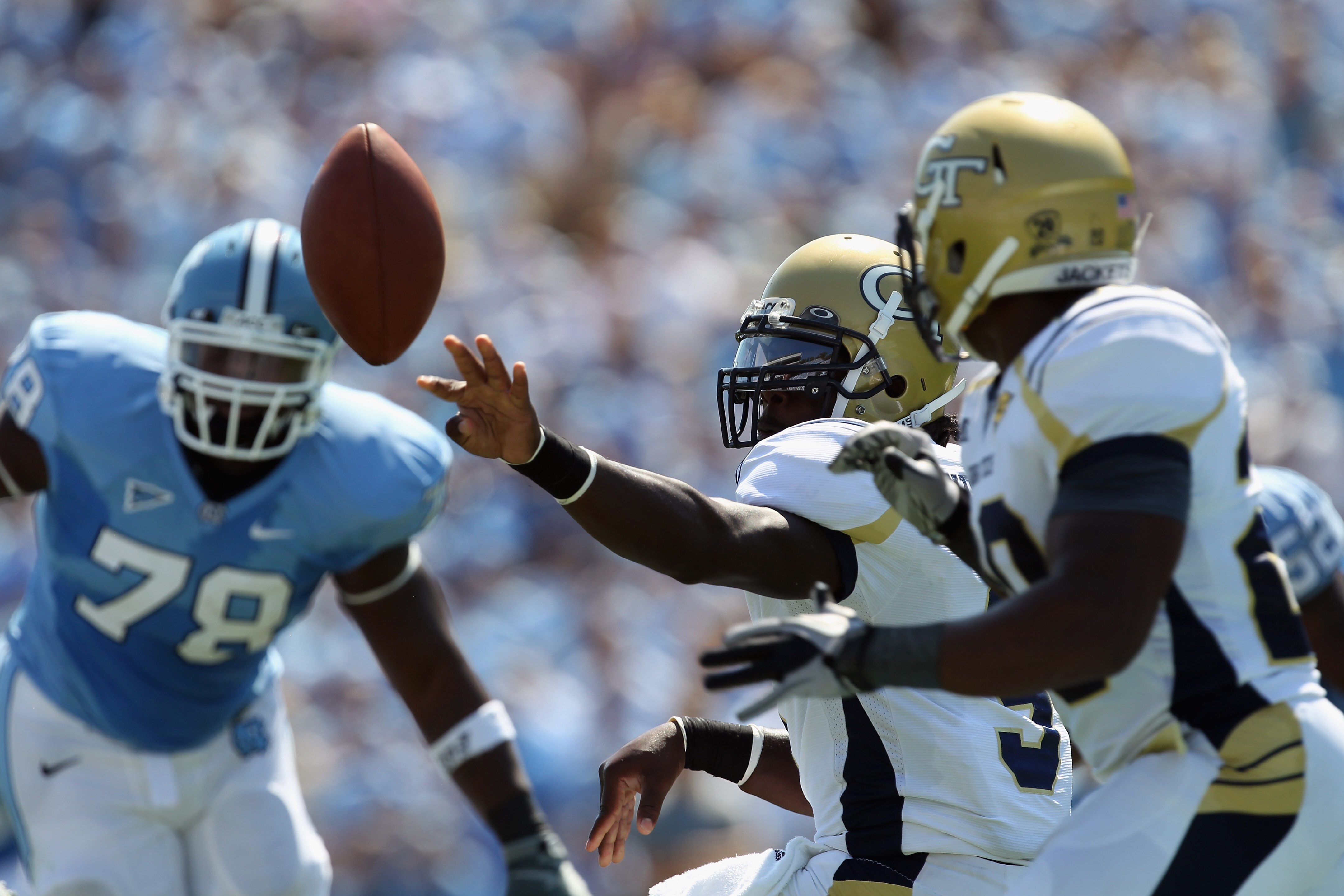 CHAPEL HILL, NC - SEPTEMBER 18:  Joshua Nesbitt #9 of the Georgia Tech Yellow Jackets throws a pass against the North Carolina Tar Heels during their game at Kenan Stadium on September 18, 2010 in Chapel Hill, North Carolina.  (Photo by Streeter Lecka/Get