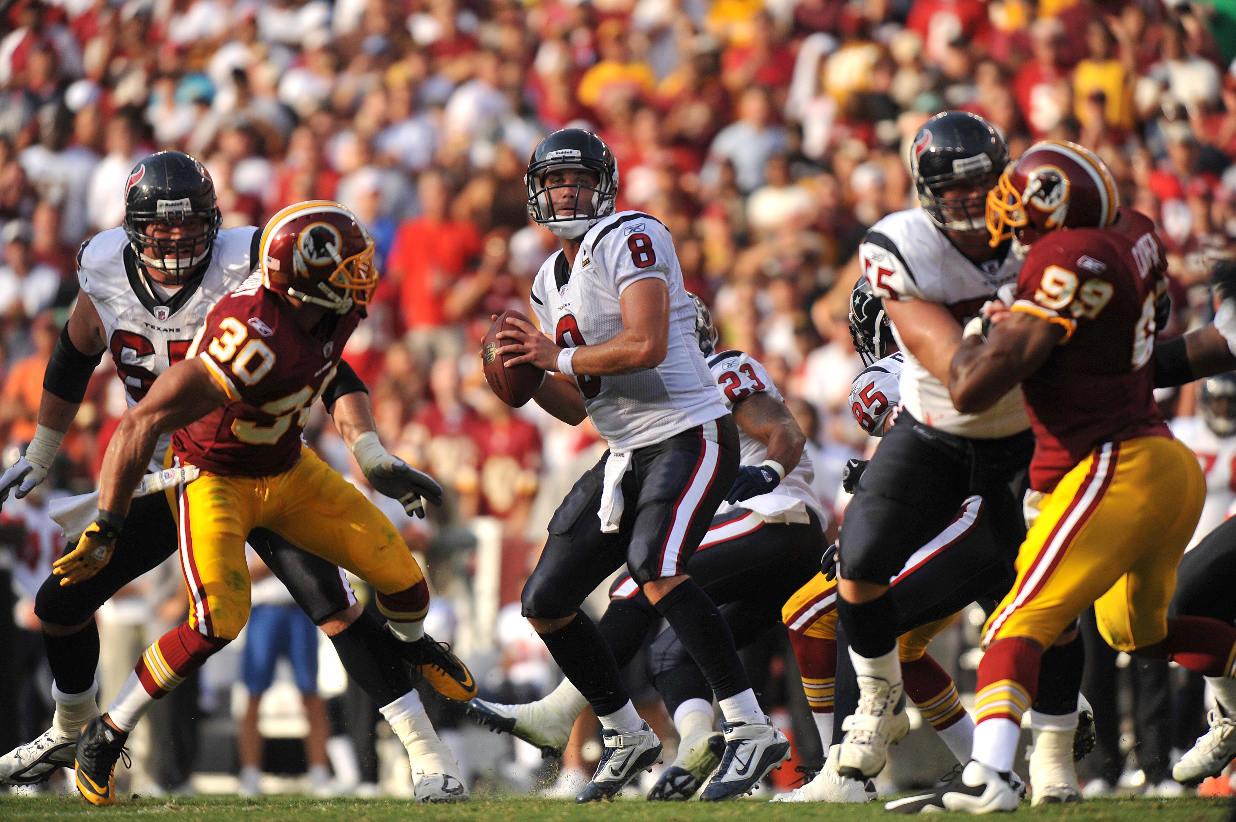 LANDOVER, MD - SEPTEMBER 19:  Matt Schaub #8 of the Houston Texans passes during the game against the Washington Redskins at FedExField on September 19, 2010 in Landover, Maryland. The Texans defeated the Redskins in overtime 30-27. (Photo by Larry French