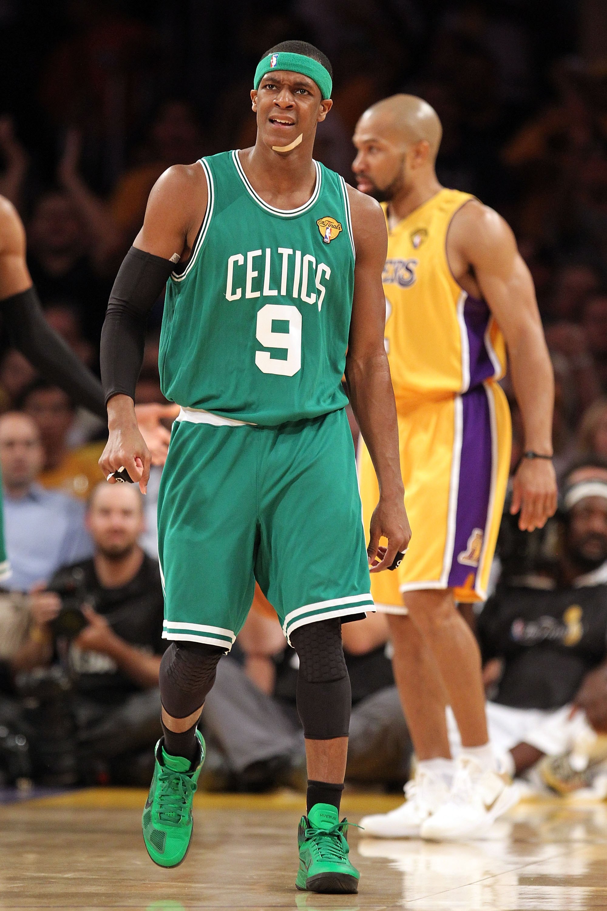 LOS ANGELES, CA - JUNE 17:  Rajon Rondo #9 of the Boston Celtics looks on while taking on the Los Angeles Lakers in Game Seven of the 2010 NBA Finals at Staples Center on June 17, 2010 in Los Angeles, California.  NOTE TO USER: User expressly acknowledges