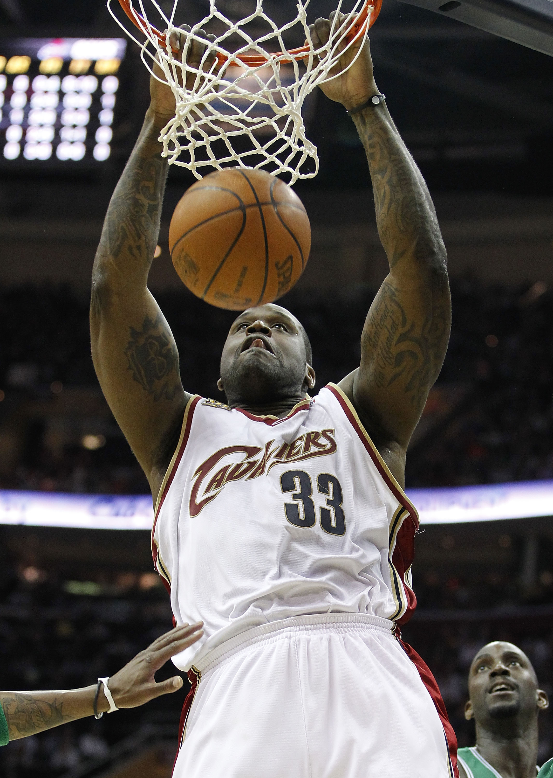CLEVELAND - MAY 11: Shaquille O'Neal #33 of the Cleveland Cavaliers gets in for in Game Five of the Eastern Conference Semifinals during the 2010 NBA Playoffs at Quicken Loans Arena on May 11, 2010 in Cleveland, Ohio. Boston won the game 120-88 to take a 