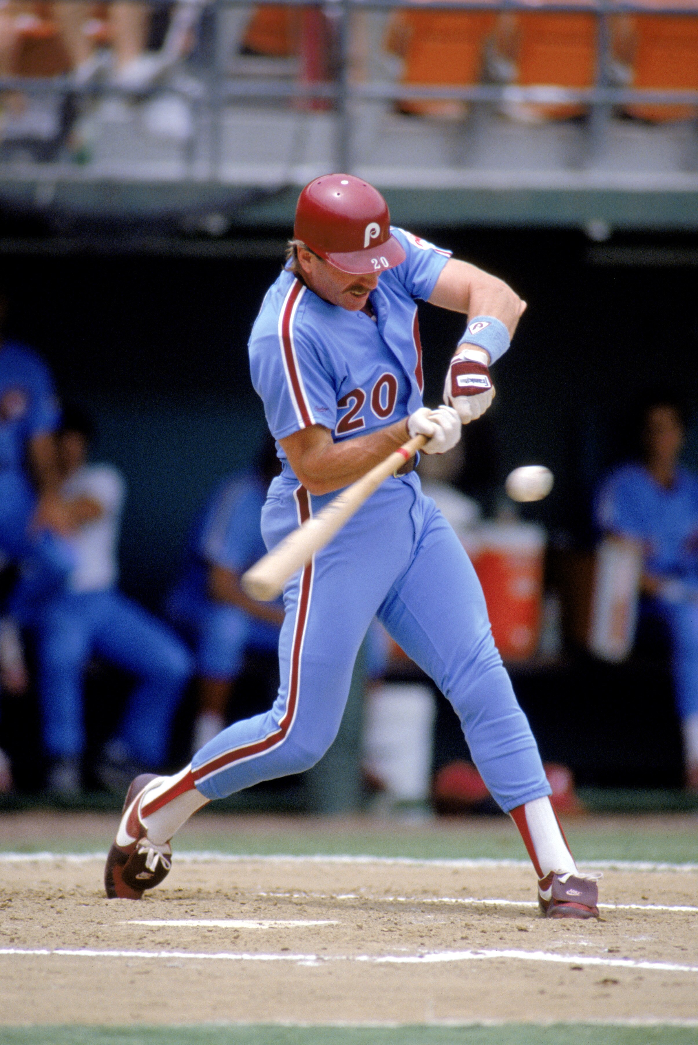SAN DIEGO - 1988: Third baseman Mike Schmidt #20 of the Philadelphia Phillies swings at a pitch against the San Diego Padres during the 1988 season at Jack Murphy Stadium in San Diego, California. (Photo by: Rick Stewart/Getty Images)