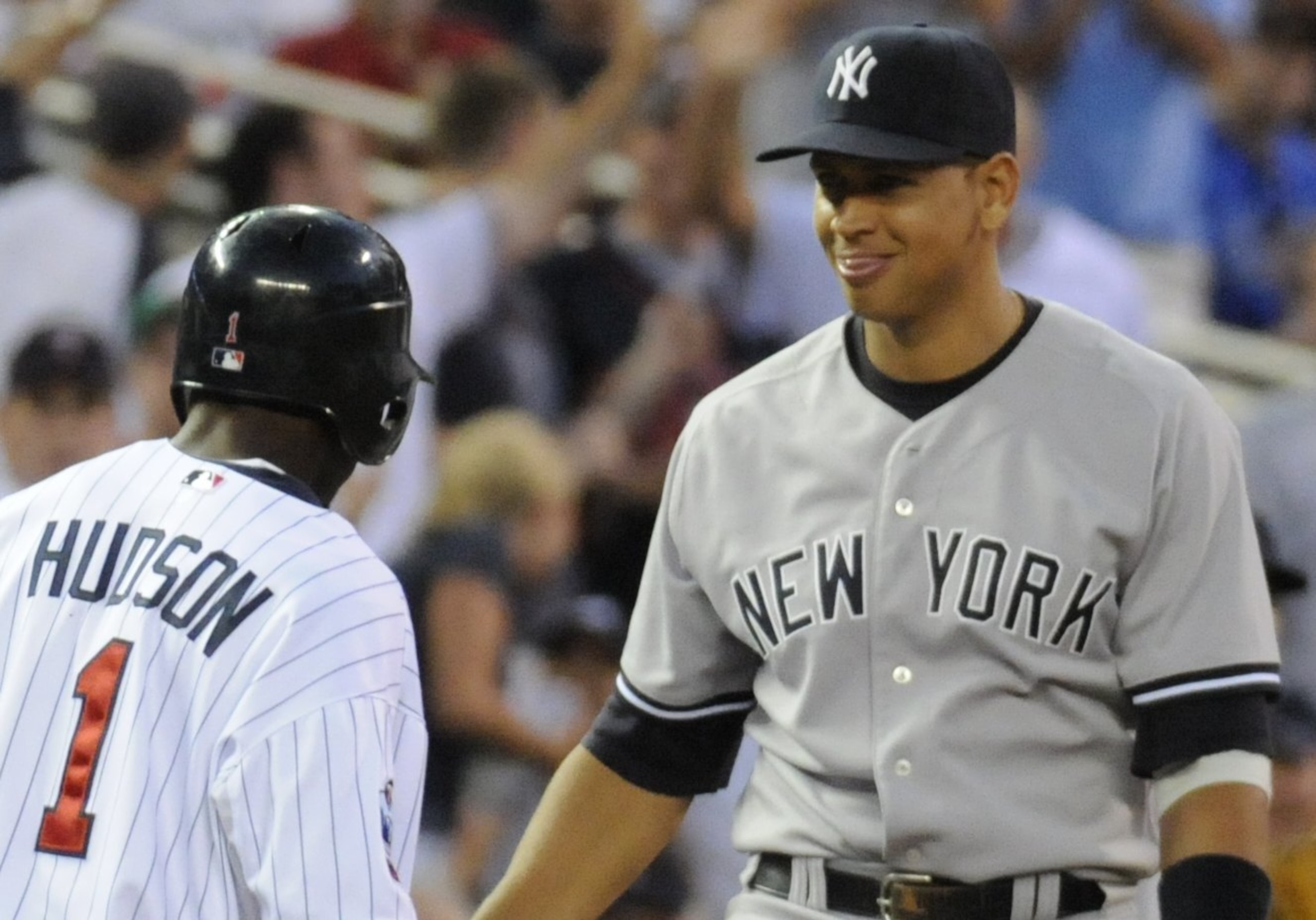 MINNEAPOLIS, MN - MAY 27: Alex Rodriguez #13 of the New York Yankees makes a face after Orlando Hudson #1 of the Minnesota Twins is called safe at third with a triple in the fifth inning of the game on May 27, 2010 at Target Field in Minneapolis, Minnesot