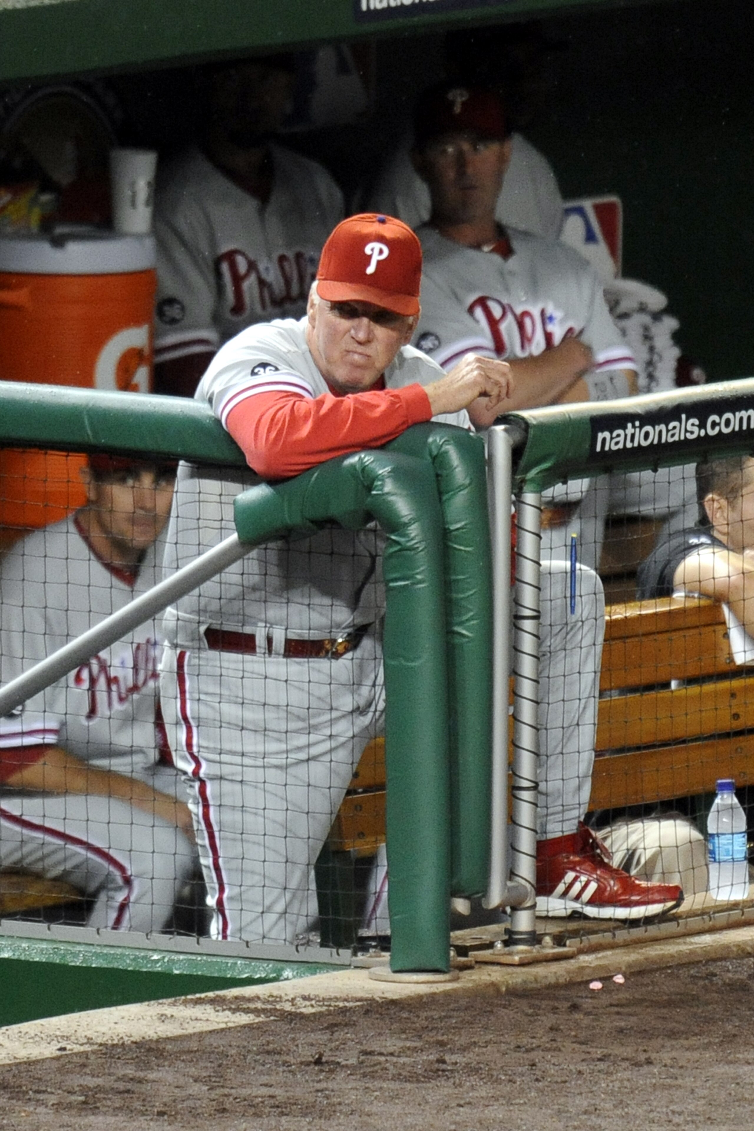 WASHINGTON - SEPTEMBER 27:  Charlie Manuel#41, manager of the Philadelphia Phillies, looks on during a baseball game against the Washington Nationals on September 27, 2010 at Nationals Park in Washington, D.C.    (Photo by Mitchell Layton/Getty Images)