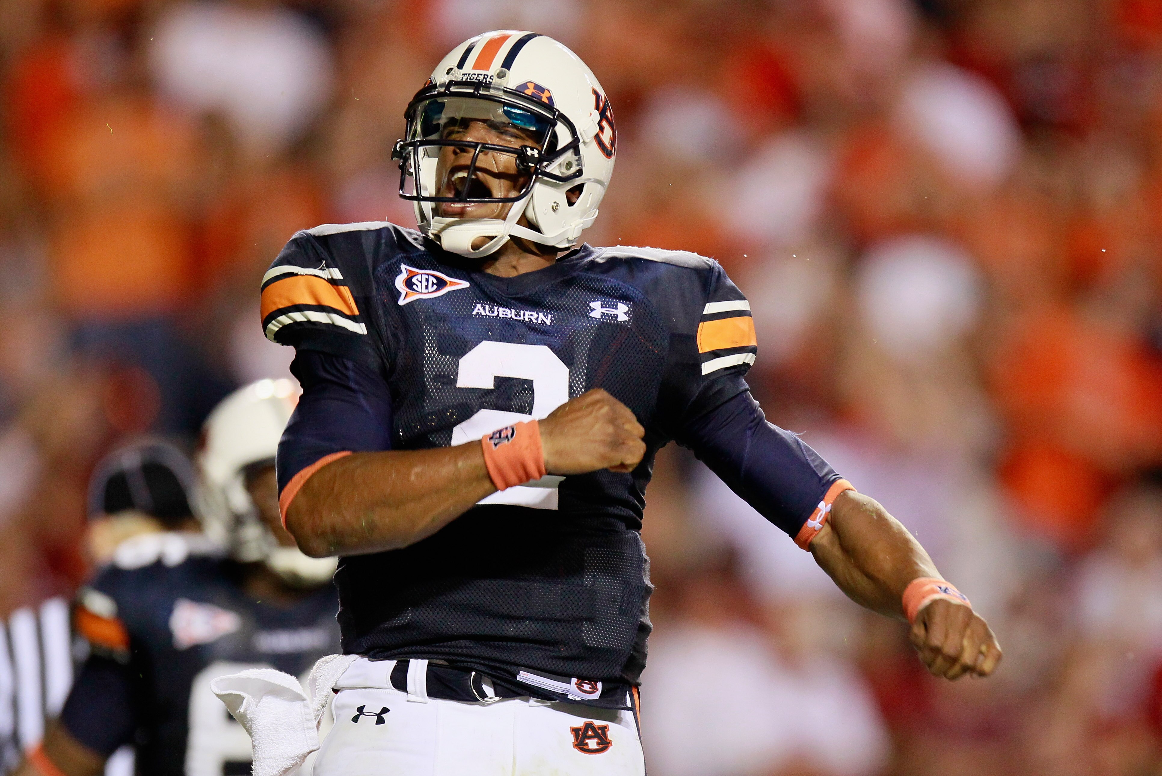 AUBURN, AL - SEPTEMBER 25:  Quarterback Cameron Newton #2 of the Auburn Tigers reacts after rushing in a touchdown against the South Carolina Gamecocks at Jordan-Hare Stadium on September 25, 2010 in Auburn, Alabama.  (Photo by Kevin C. Cox/Getty Images)