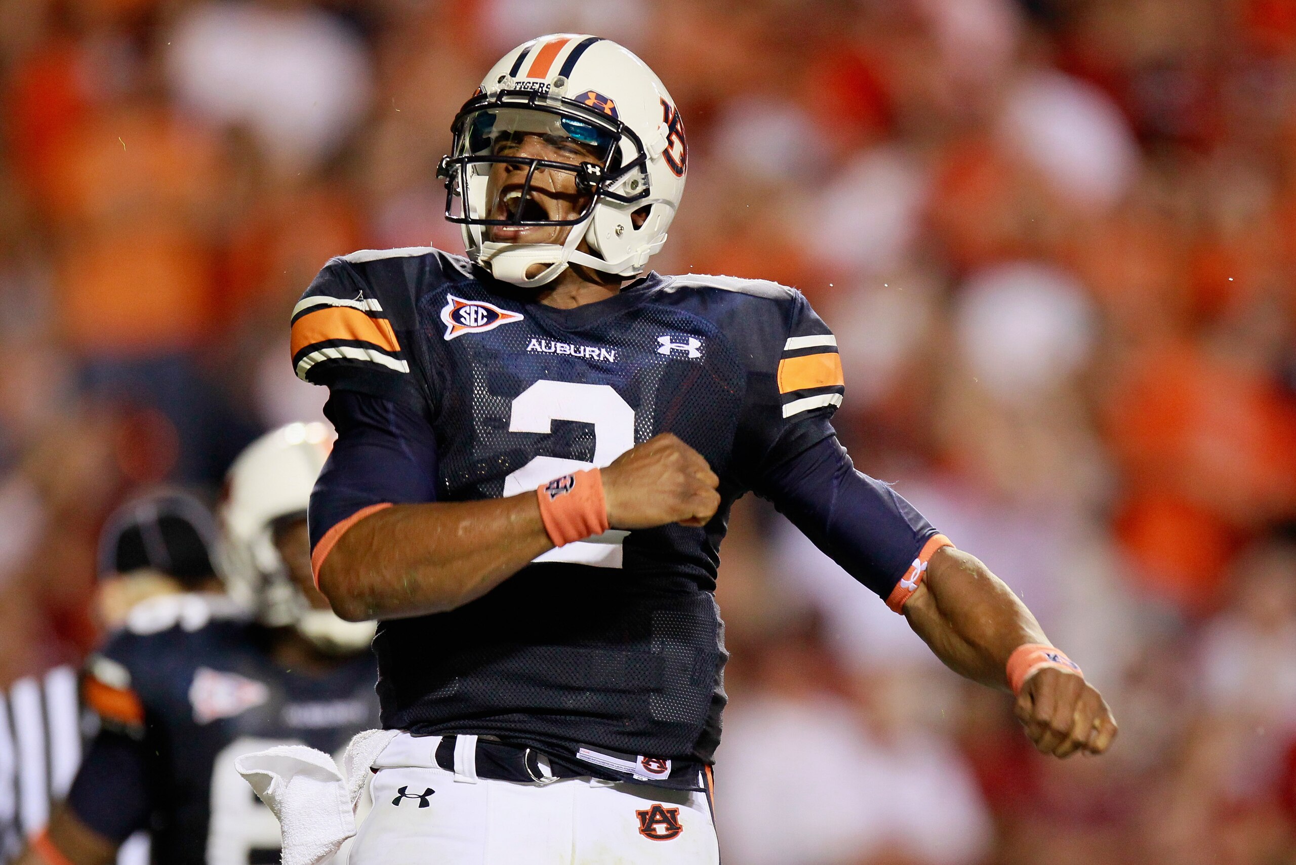 AUBURN, AL - SEPTEMBER 25:  Quarterback Cameron Newton #2 of the Auburn Tigers reacts after rushing in a touchdown against the South Carolina Gamecocks at Jordan-Hare Stadium on September 25, 2010 in Auburn, Alabama.  (Photo by Kevin C. Cox/Getty Images)