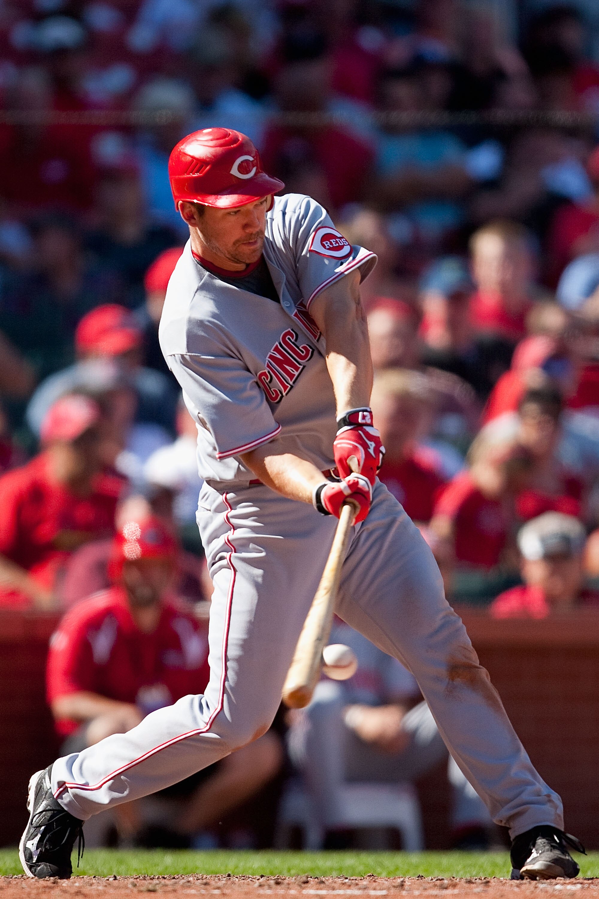ST. LOUIS - SEPTEMBER 5: Scott Rolen #27 of the Cincinnati Reds bats against the St. Louis Cardinals at Busch Stadium on September 5, 2010 in St. Louis, Missouri.  The Cardinals beat the Reds 4-2.  (Photo by Dilip Vishwanat/Getty Images)