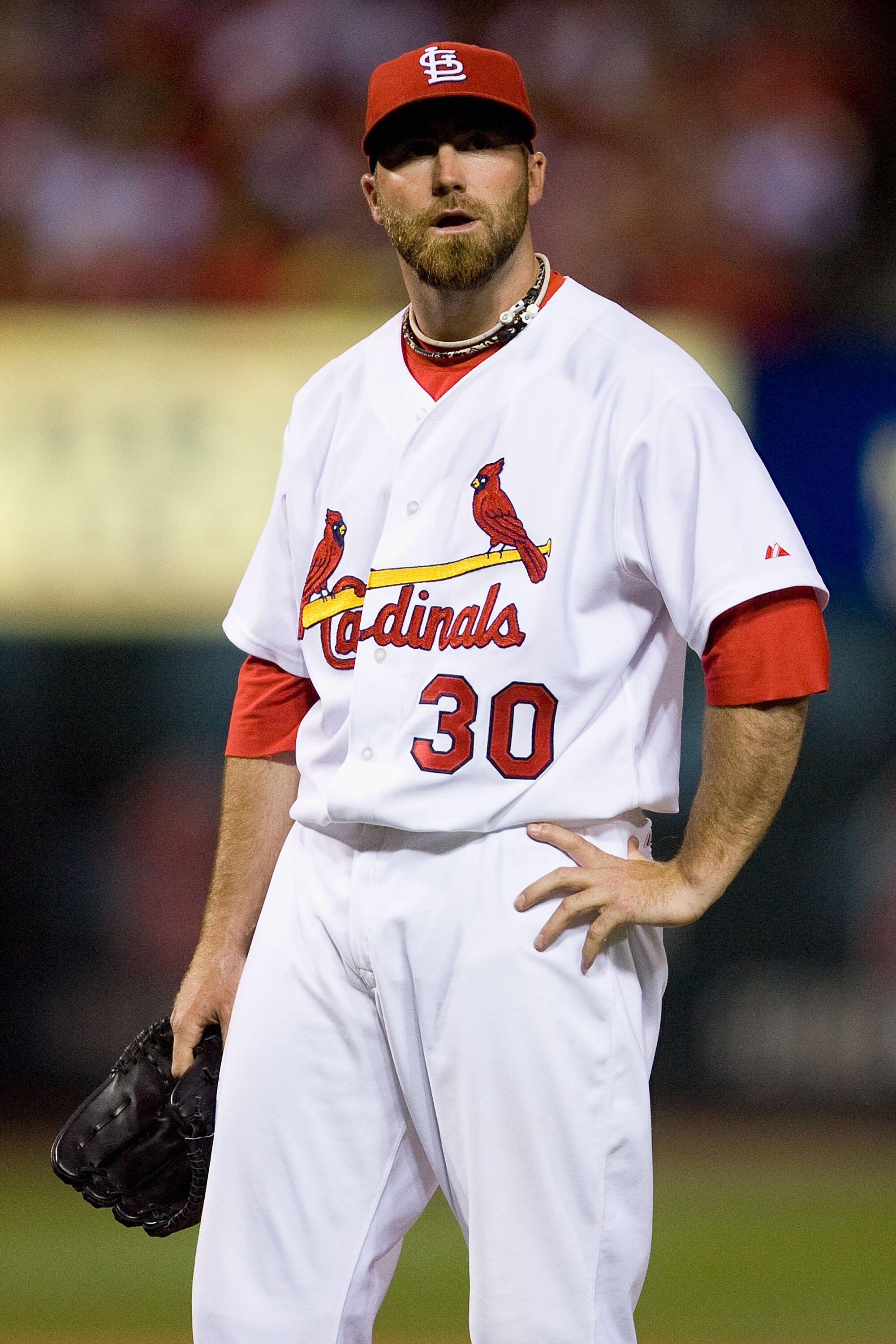 ST. LOUIS - JUNE 28: Jason Motte #30 of the St. Louis Cardinals reacts to giving up a home run against the Arizona Diamondbacks at Busch Stadium on June 28, 2010 in St. Louis, Missouri.  The Cardinals beat the Diamondbacks 6-5 in the bottom of the ninth. 